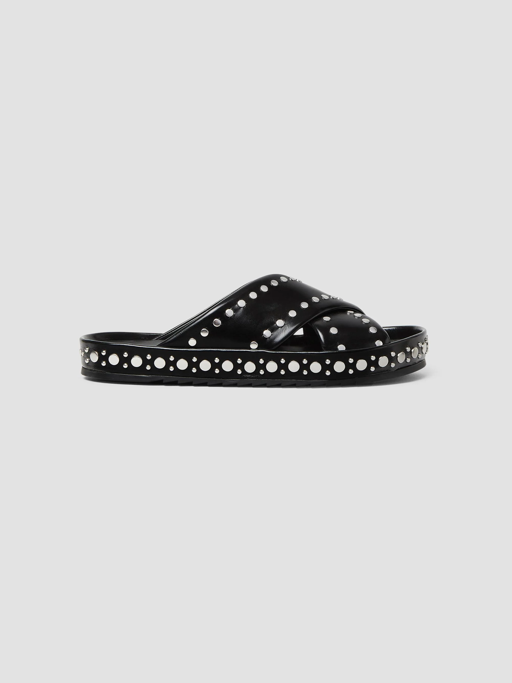 Men's Double Leather Studded Crisscross-Strap Slides - Nero Palladio - 1