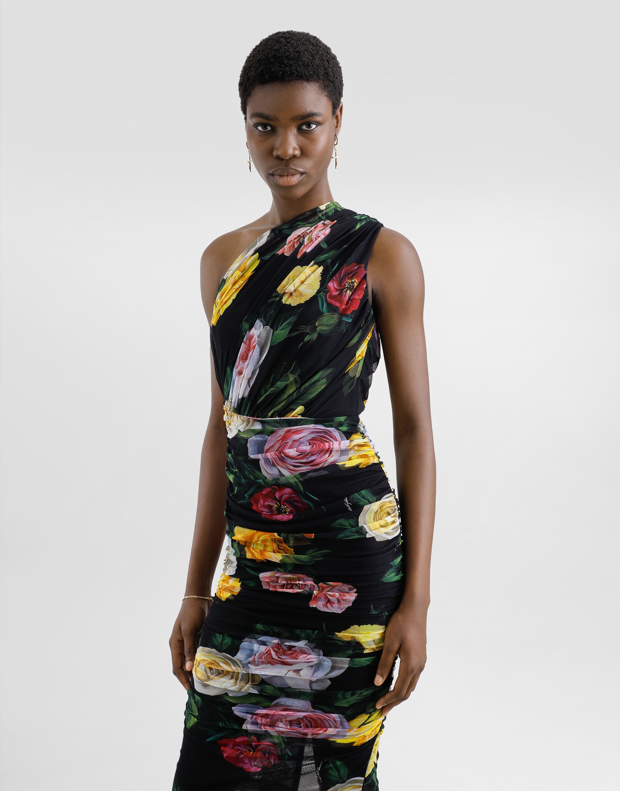 Tulle one-shoulder calf-length dress with peony and rose print - 4