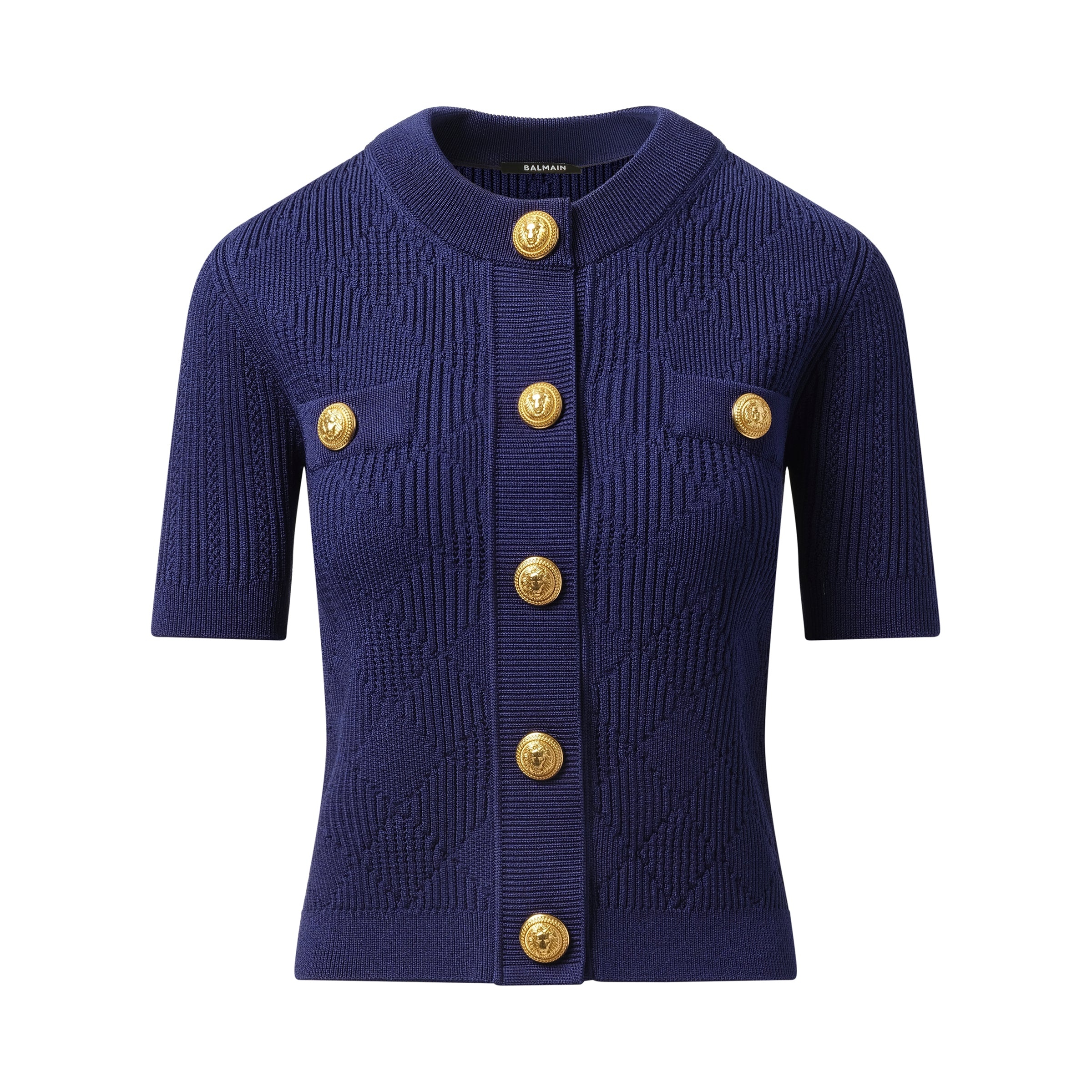 Buttoned 2 Pockets Vichy Knit Cardigan in Midnight Blue - 2