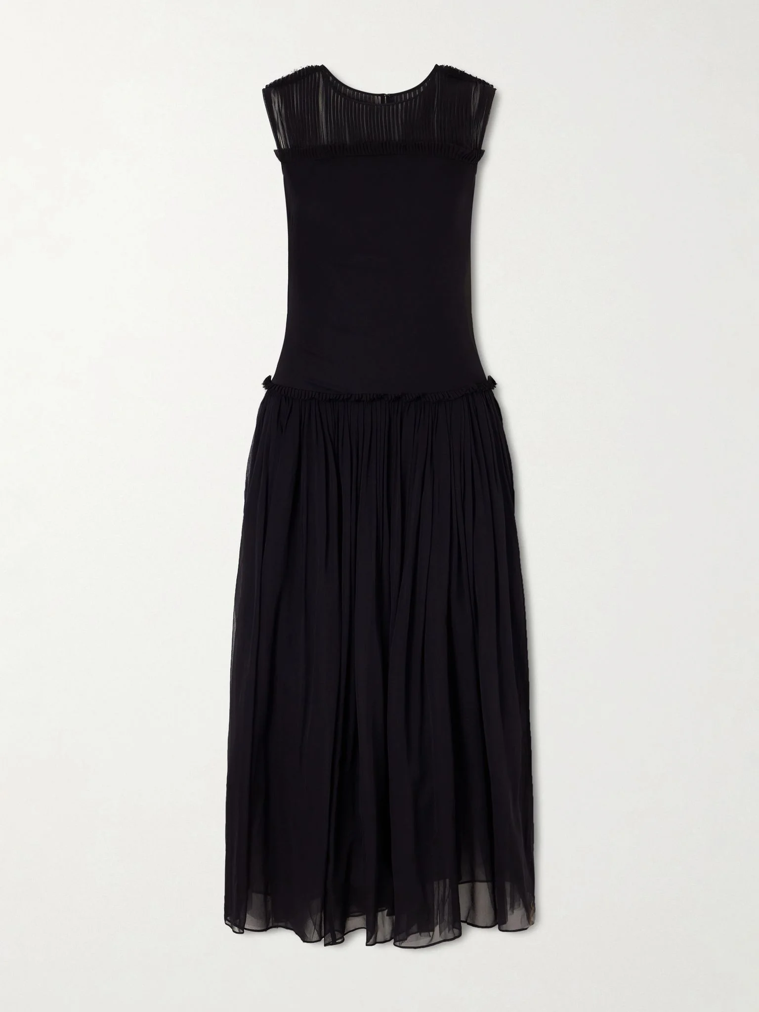 Plissé chiffon-trimmed silk-satin midi dress Black - 1