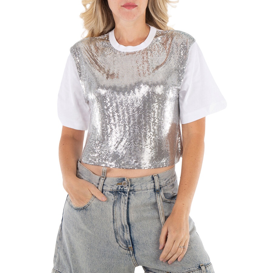 Rabanne Ladies Silver / White Metallic Mesh T-Shirt - 3