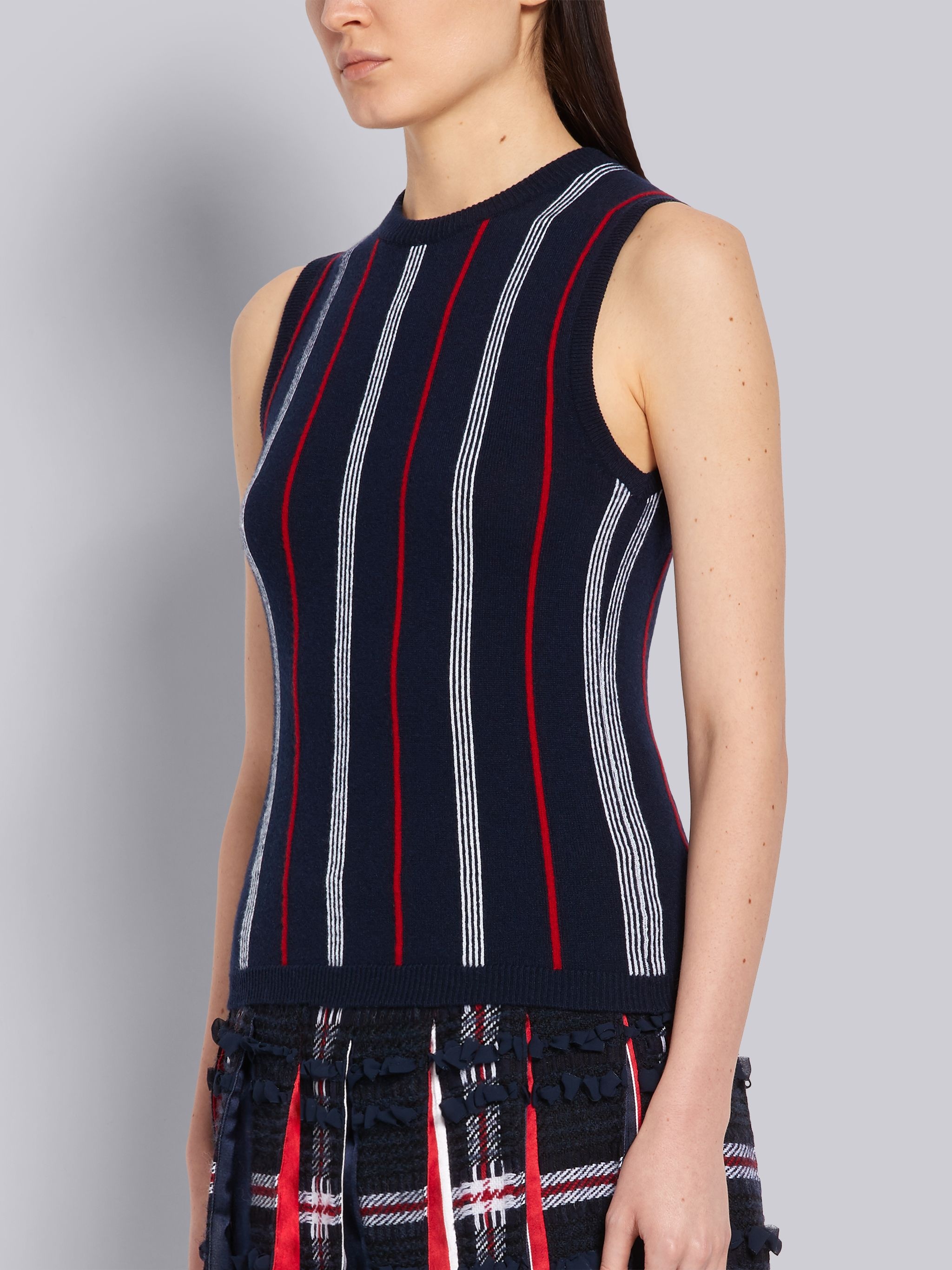 Navy Cashmere Silk Hairline Stripe Crewneck Shell Knit Top - 2