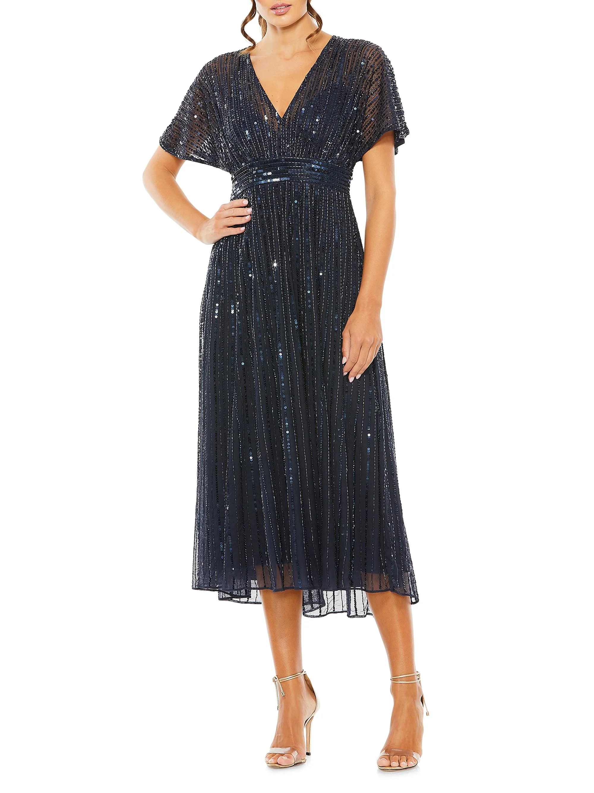 Women's Sequined Short-Sleeve Midi-Dress - Midnight - 1