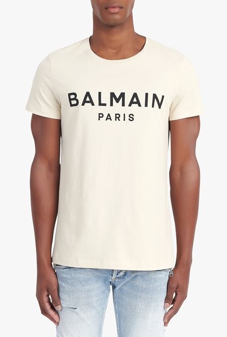 Ivory cotton T-shirt with black Balmain Paris logo print - 5