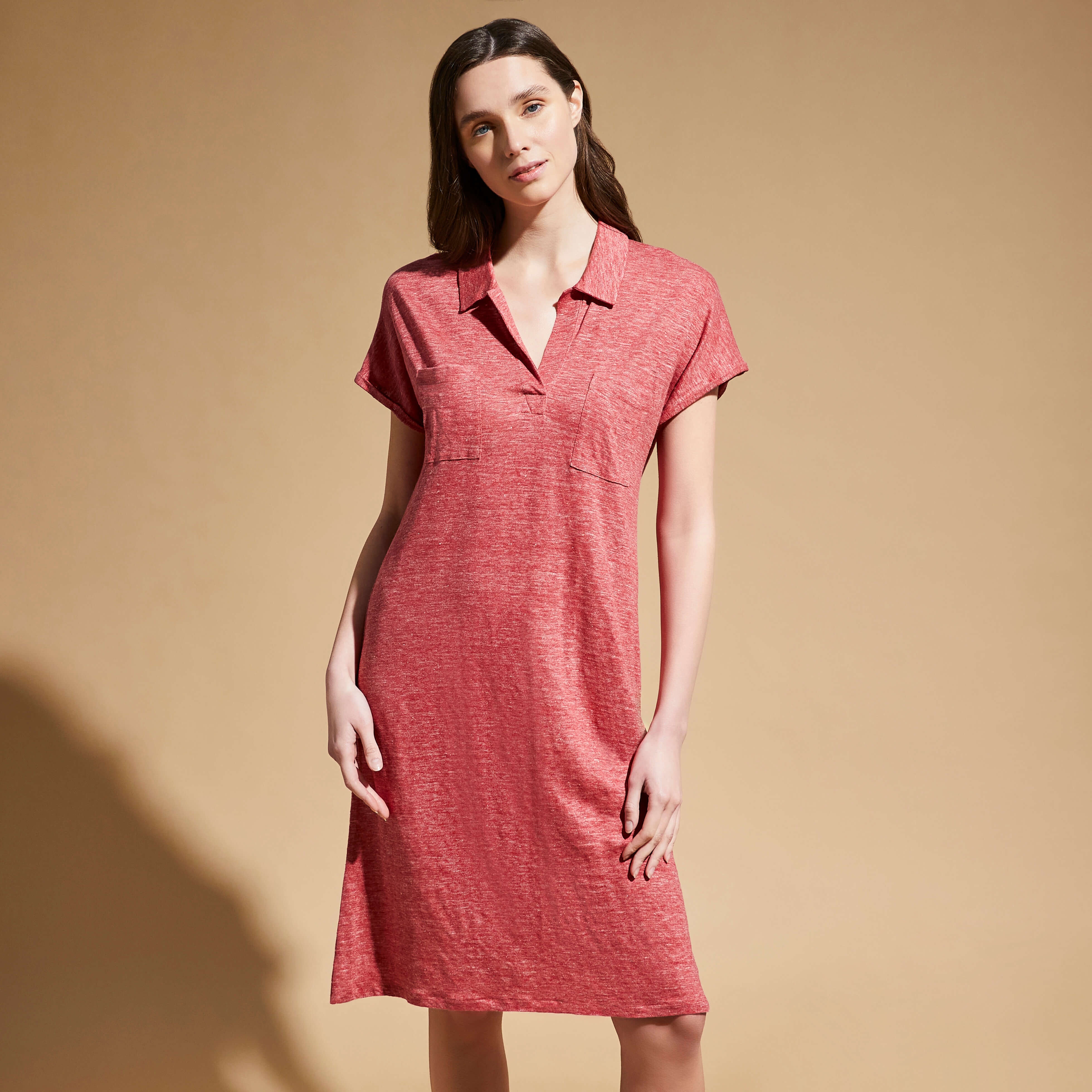 Women Linen Long Polo Dress Solid - 3