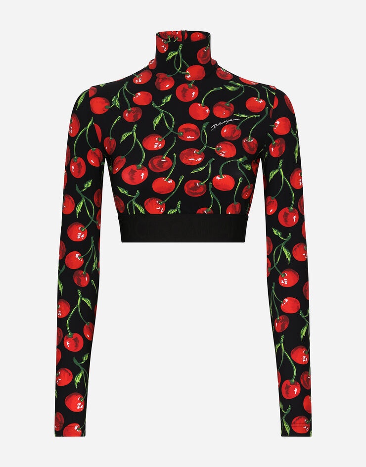 Cherry-print technical jersey turtle-neck top with branded elastic - 1