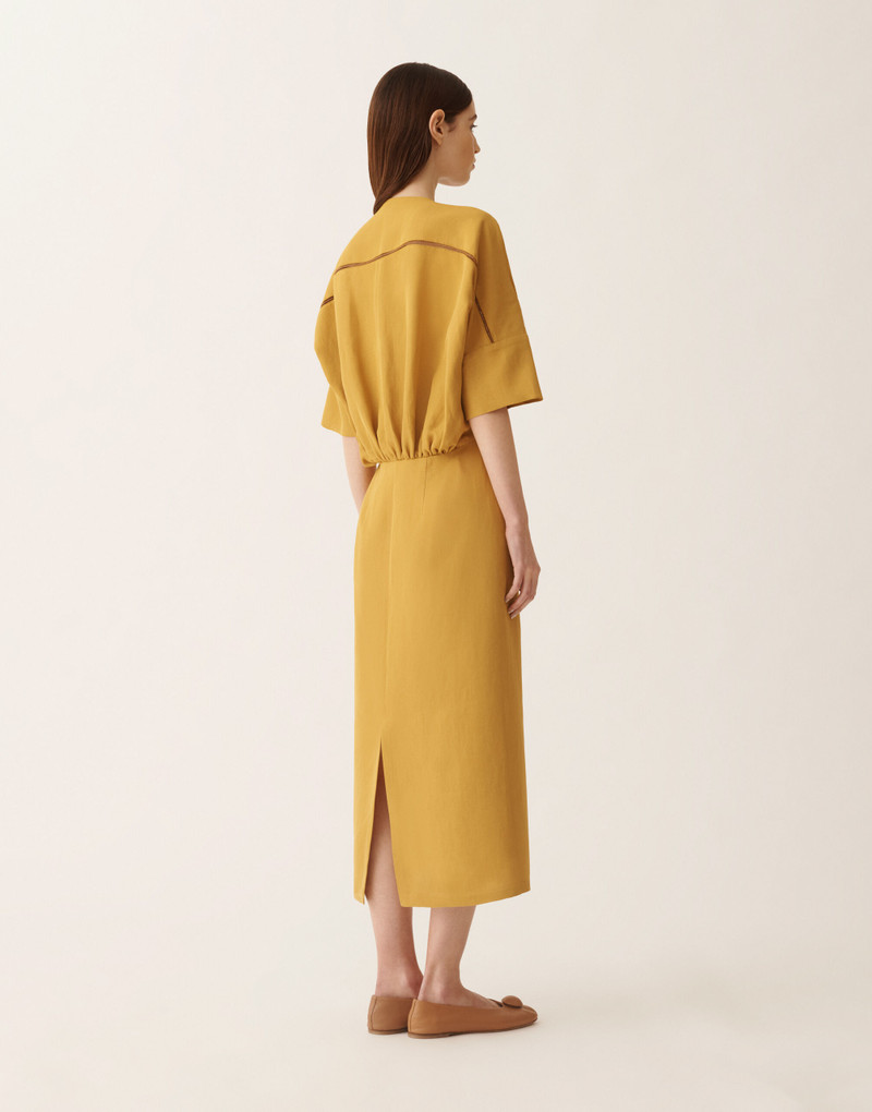 Fluid linen and viscose dress in mustard 4