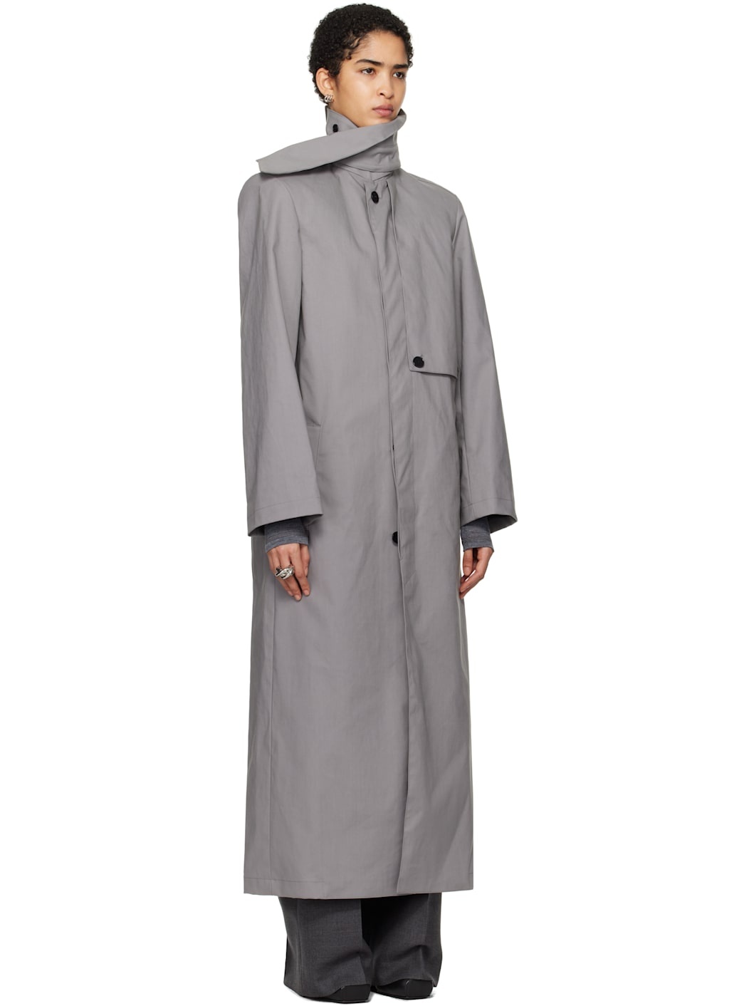 Gray Scarf Collar Trench Coat - 2