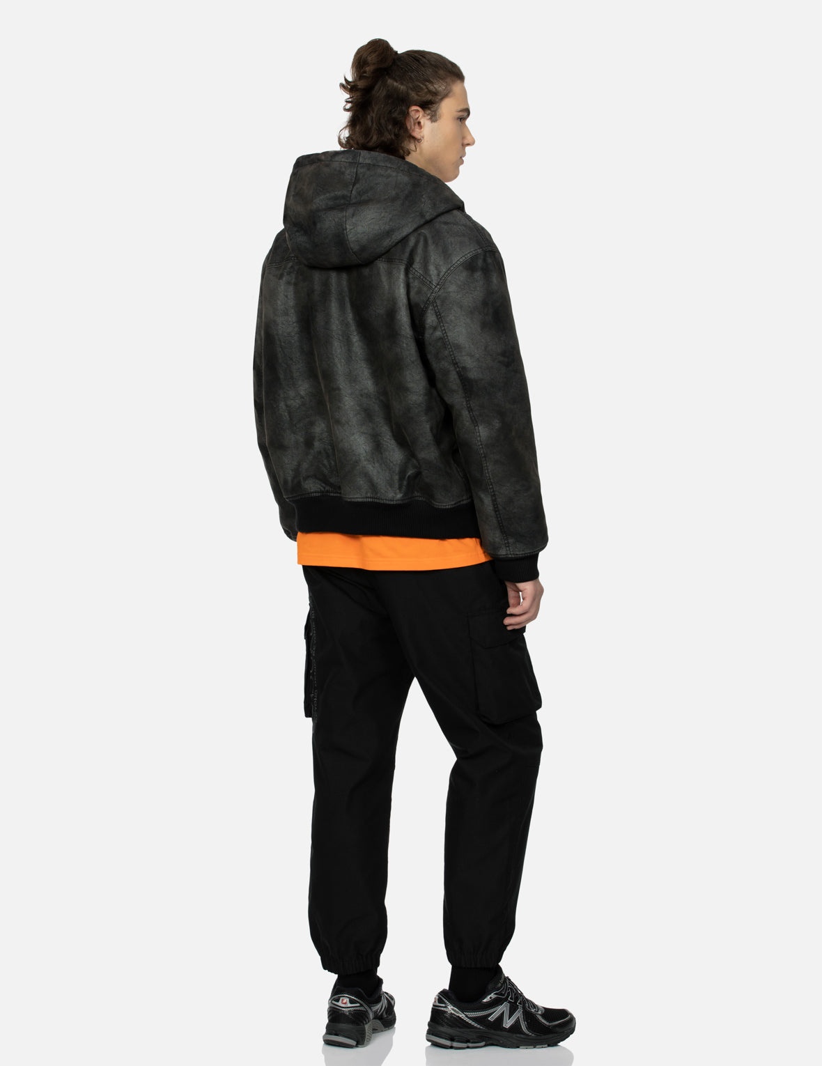 Hooded Grain Pattern Regular Fit Leather Bomber Jacket - 4