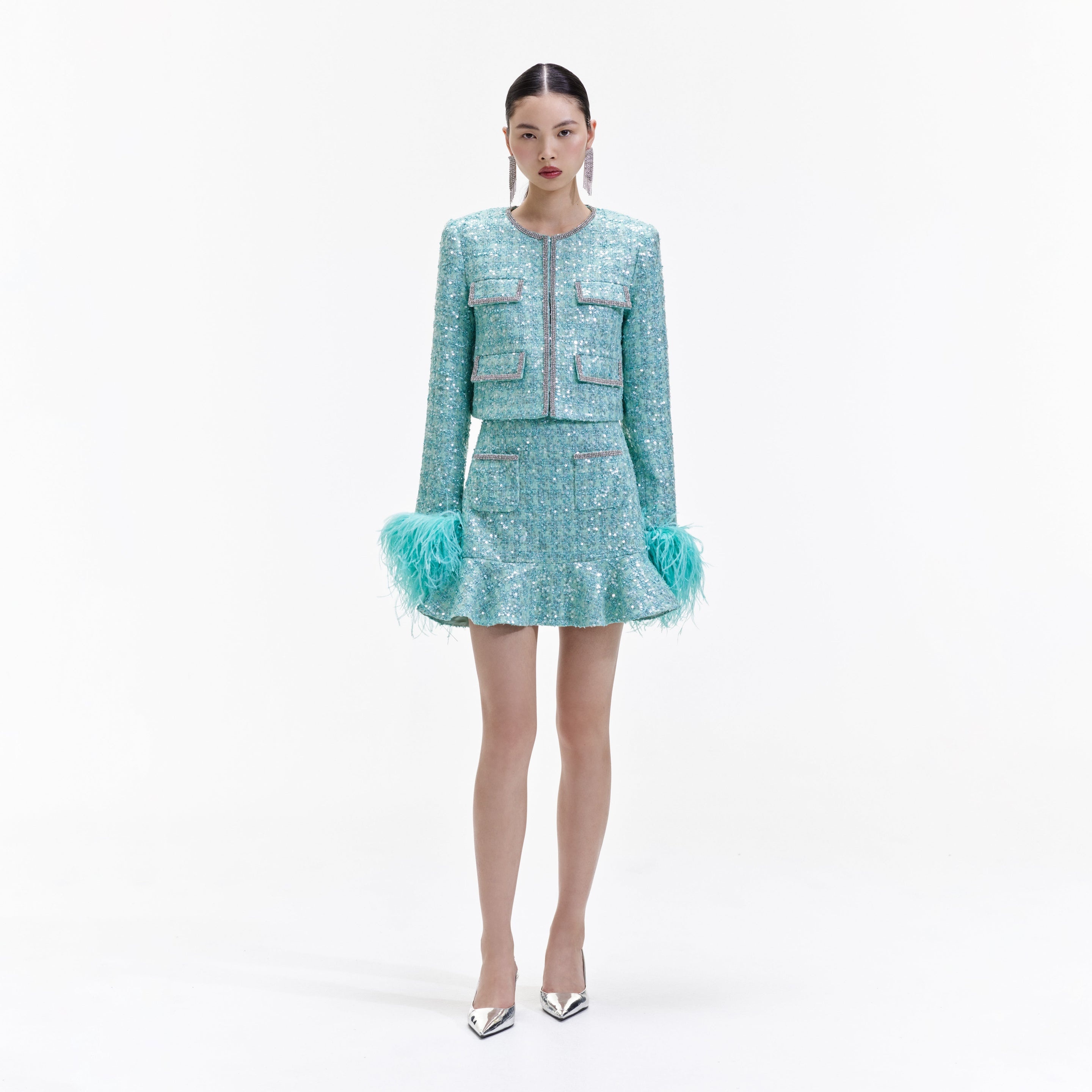 Blue Boucle Feather Jacket - 1