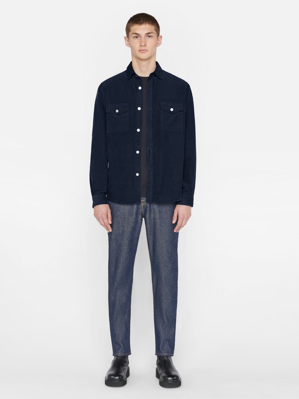 Double Pocket Micro Corduroy Shirt in Midnight Blue - 2