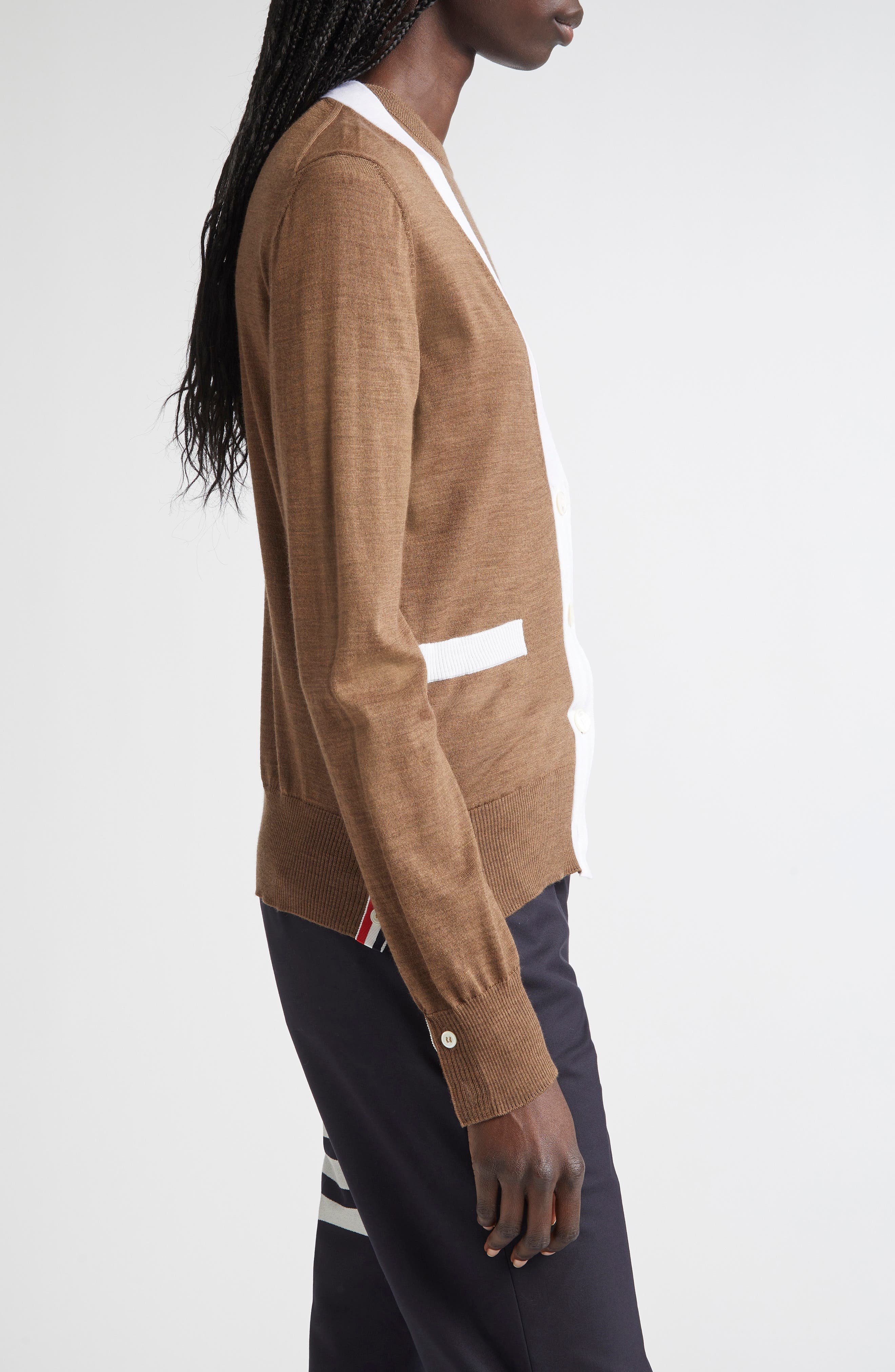 Thom Browne 4-Bar Relaxed Fit V-Neck Virgin Wool Cardigan in Walnut at Nordstrom - 4