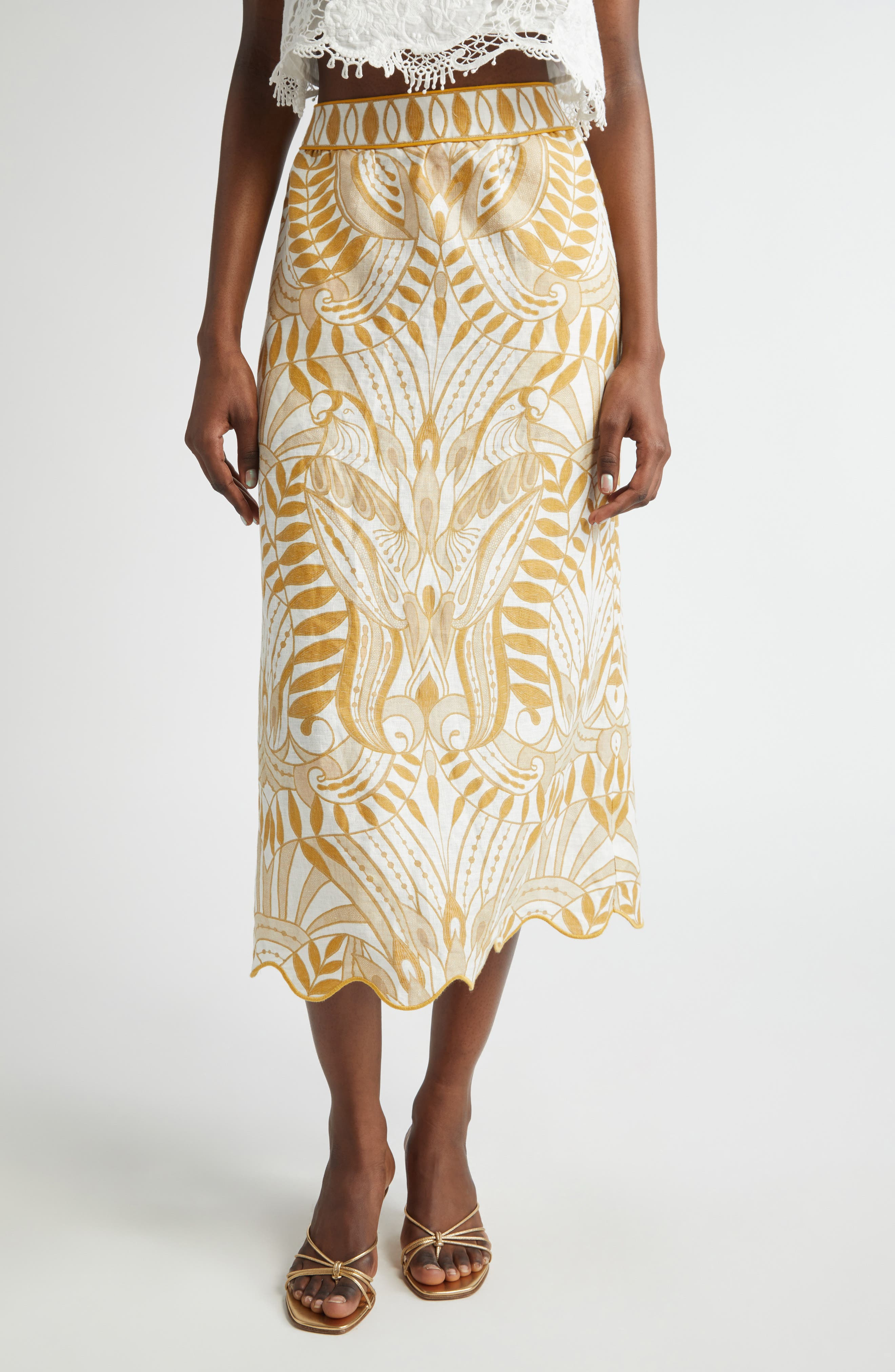 FARM Rio Lace Nature Linen Midi Skirt in Off-White at Nordstrom - 1