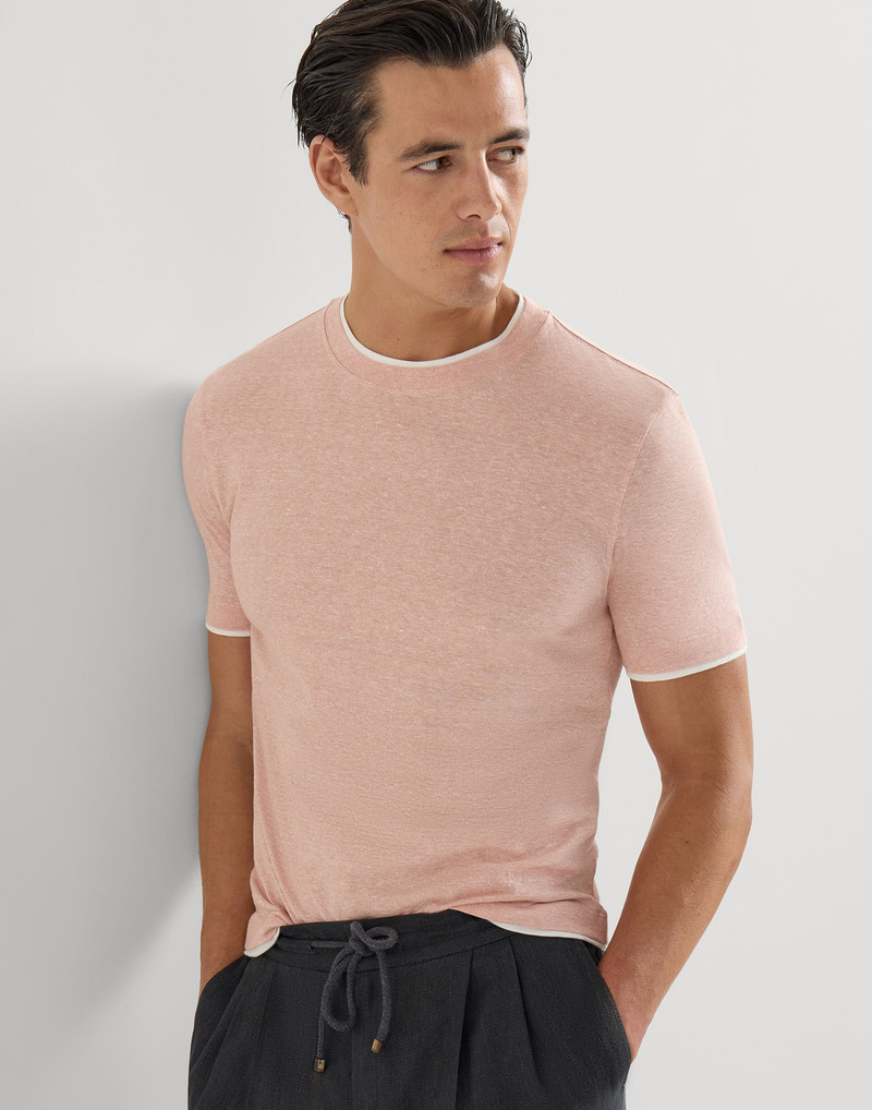 Linen and cotton jersey crew neck T-shirt with faux-layering 5