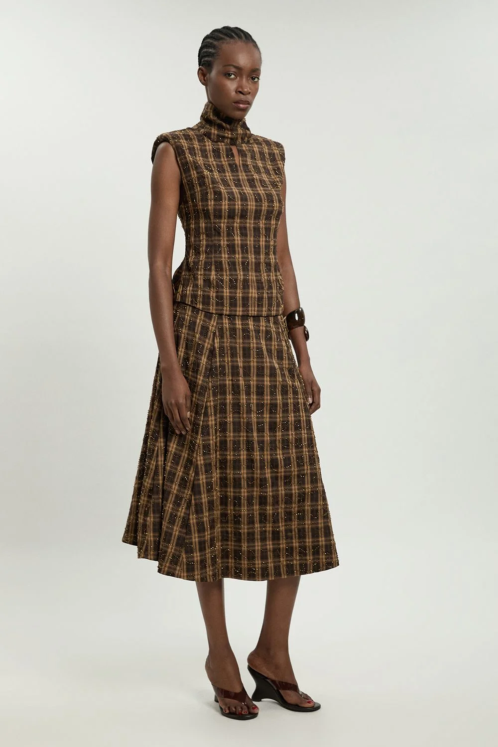 Beaded Check Print Midi Skirt - 1
