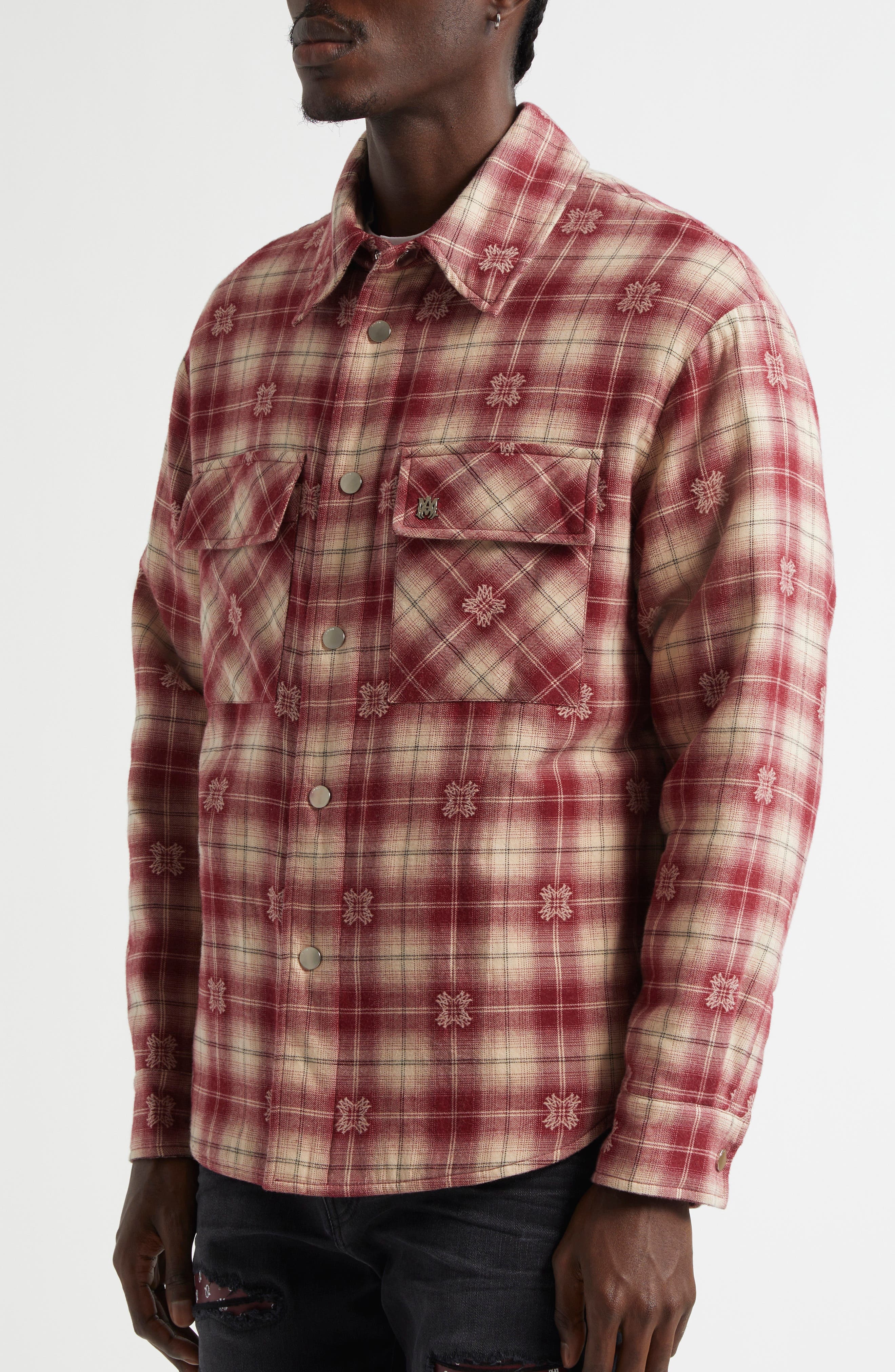 AMIRI Plaid Fleece Lined Cotton Flannel Snap-Up Overshirt in Deep Red at Nordstrom - 5