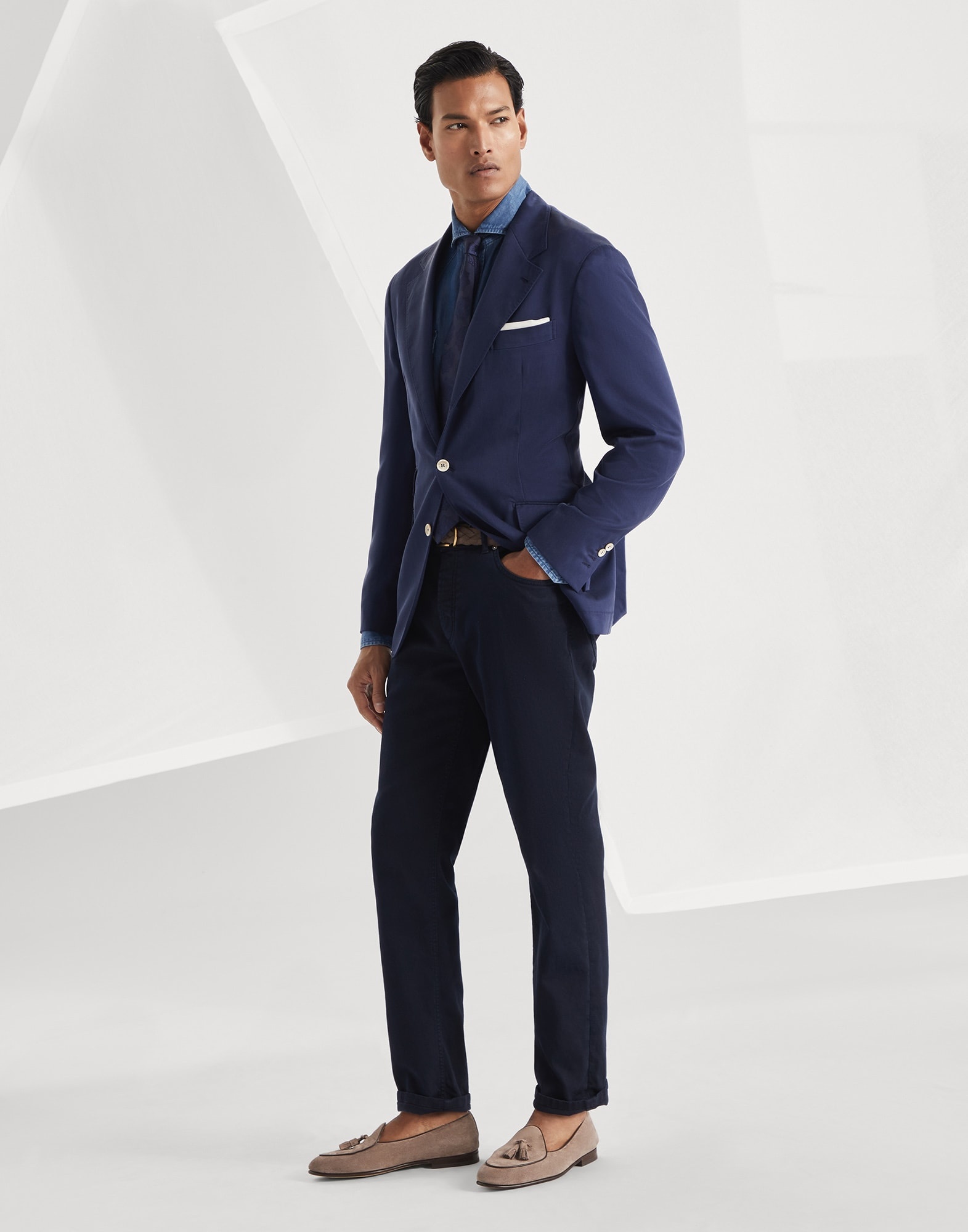 Garment-dyed comfort lightweight denim traditional fit five-pocket trousers - 4