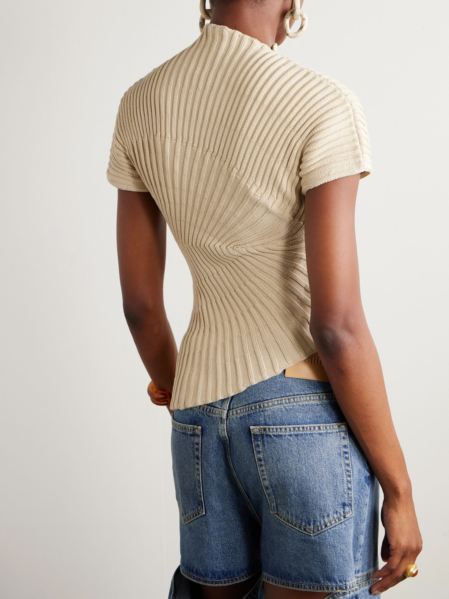 Annemie asymmetric ribbed cotton top Beige - 3