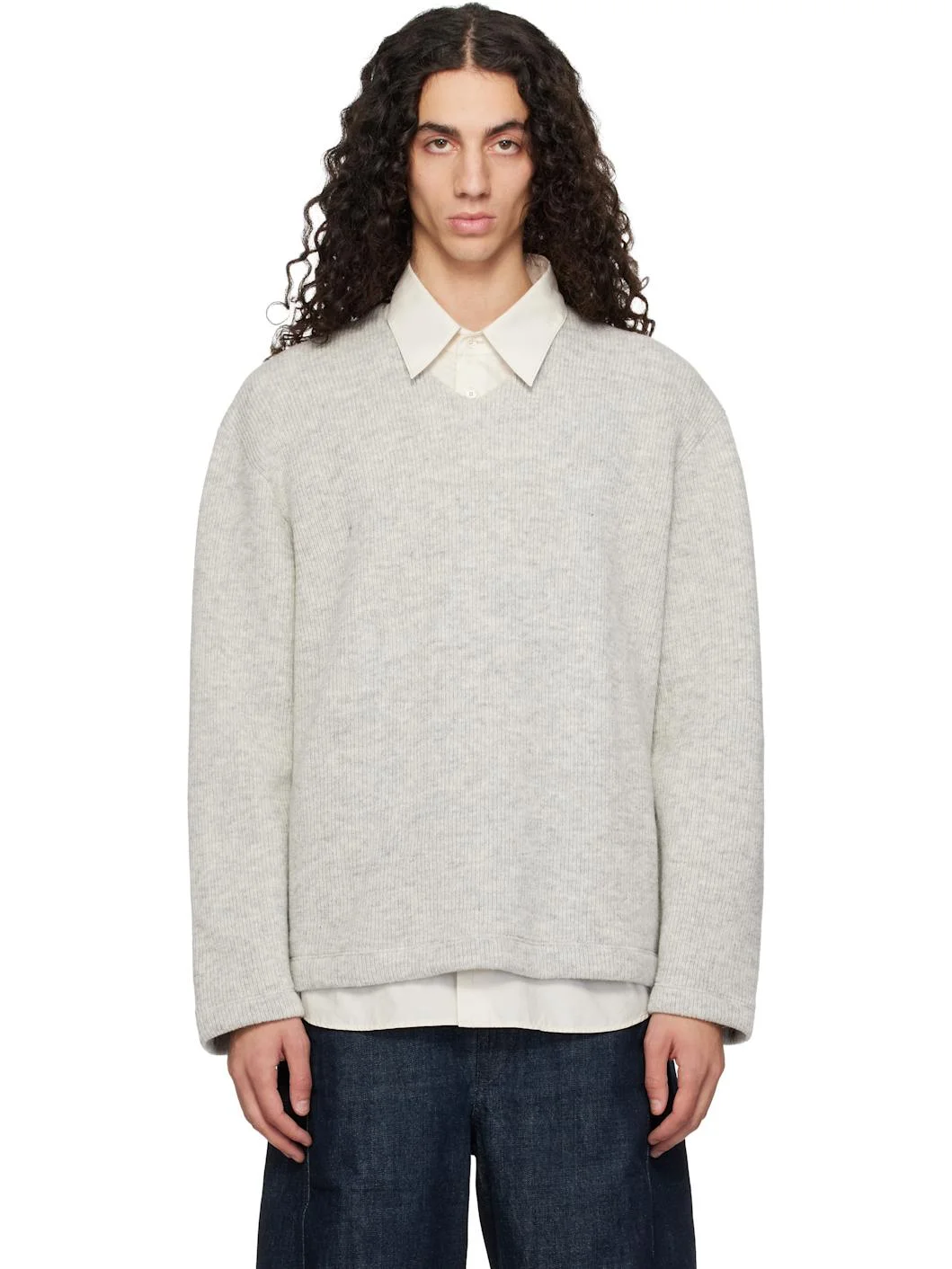 Gray V-Neck Snap Sweater - 1