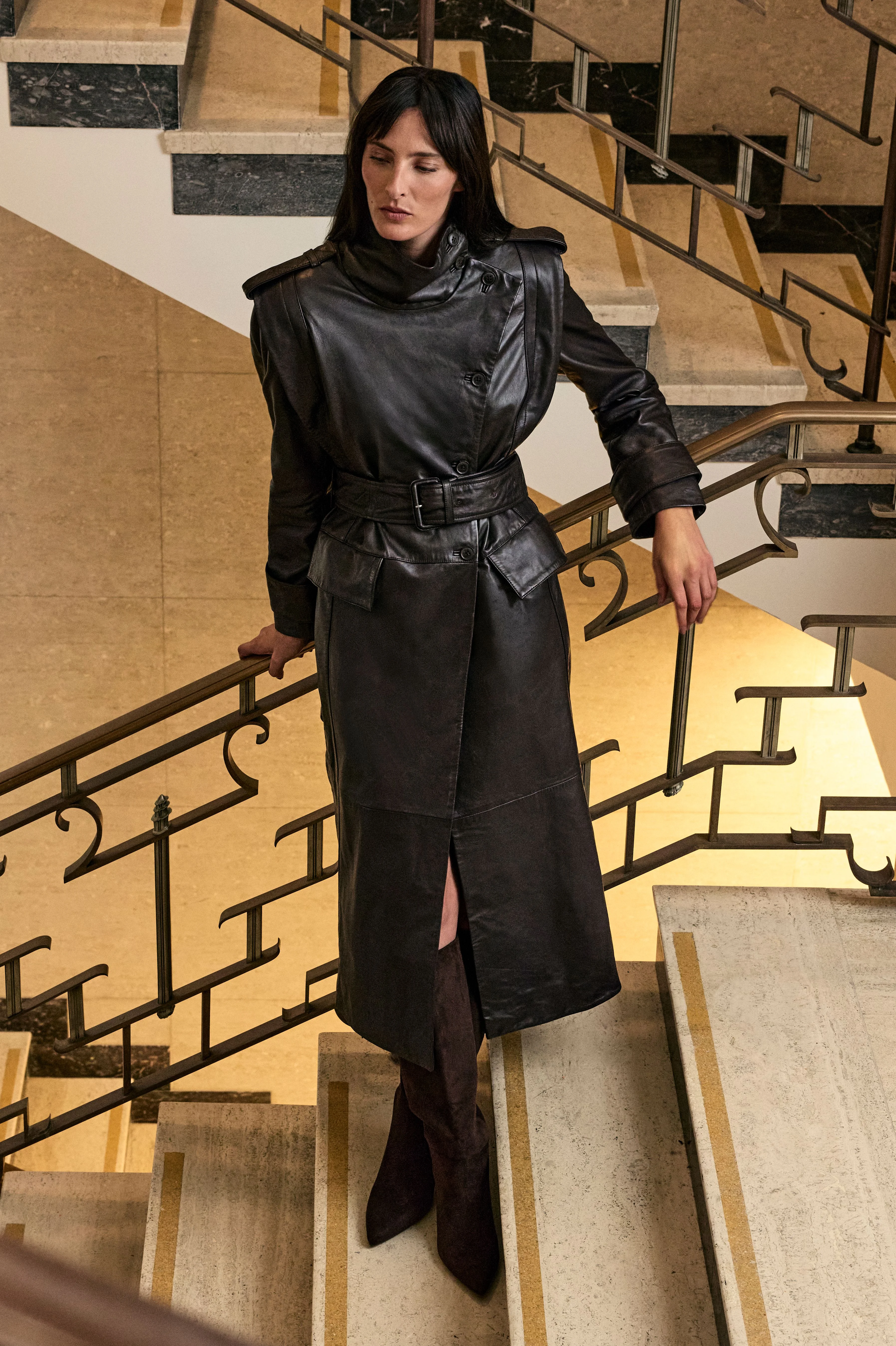 Harper's Bazaar Leather High Neck Trench Coat - 1