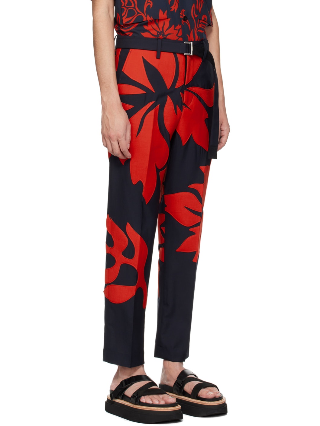 Navy & Red Floral Appliqué Trousers - 2