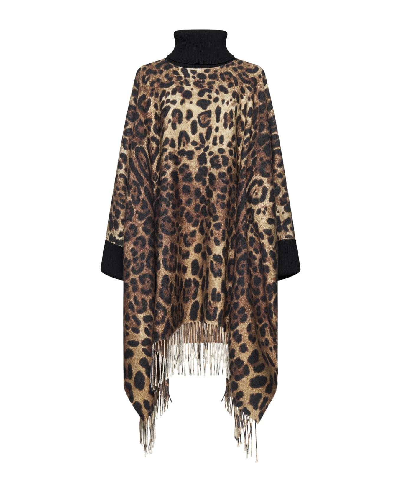 Leopard Printed Fringed Poncho - 1