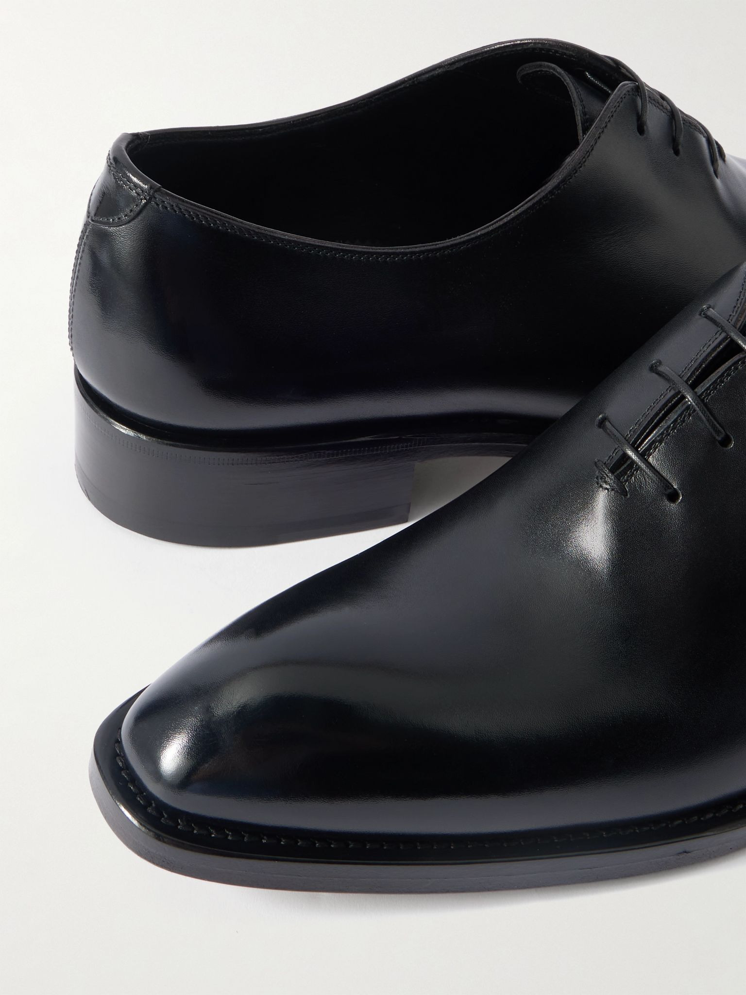 Whole-Cut Glossed-Leather Oxford Shoes Black - 5