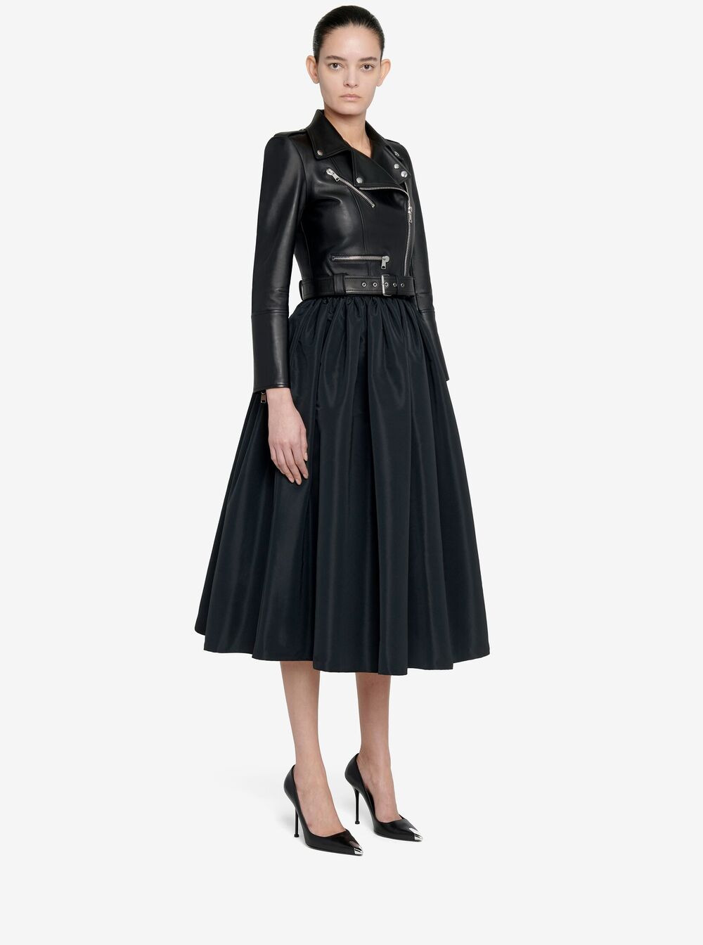 Alexander Mcqueen Women Black Cropped Biker Jacker With Matching Belt In Smooth Leather Woman - 4