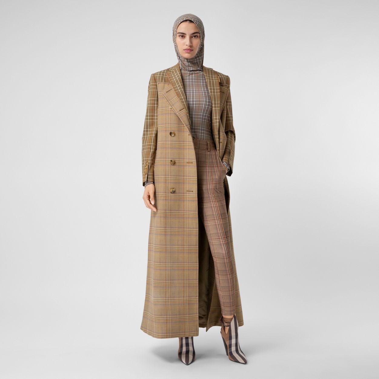 Contrast Check Wool Cotton Trench Coat - 2