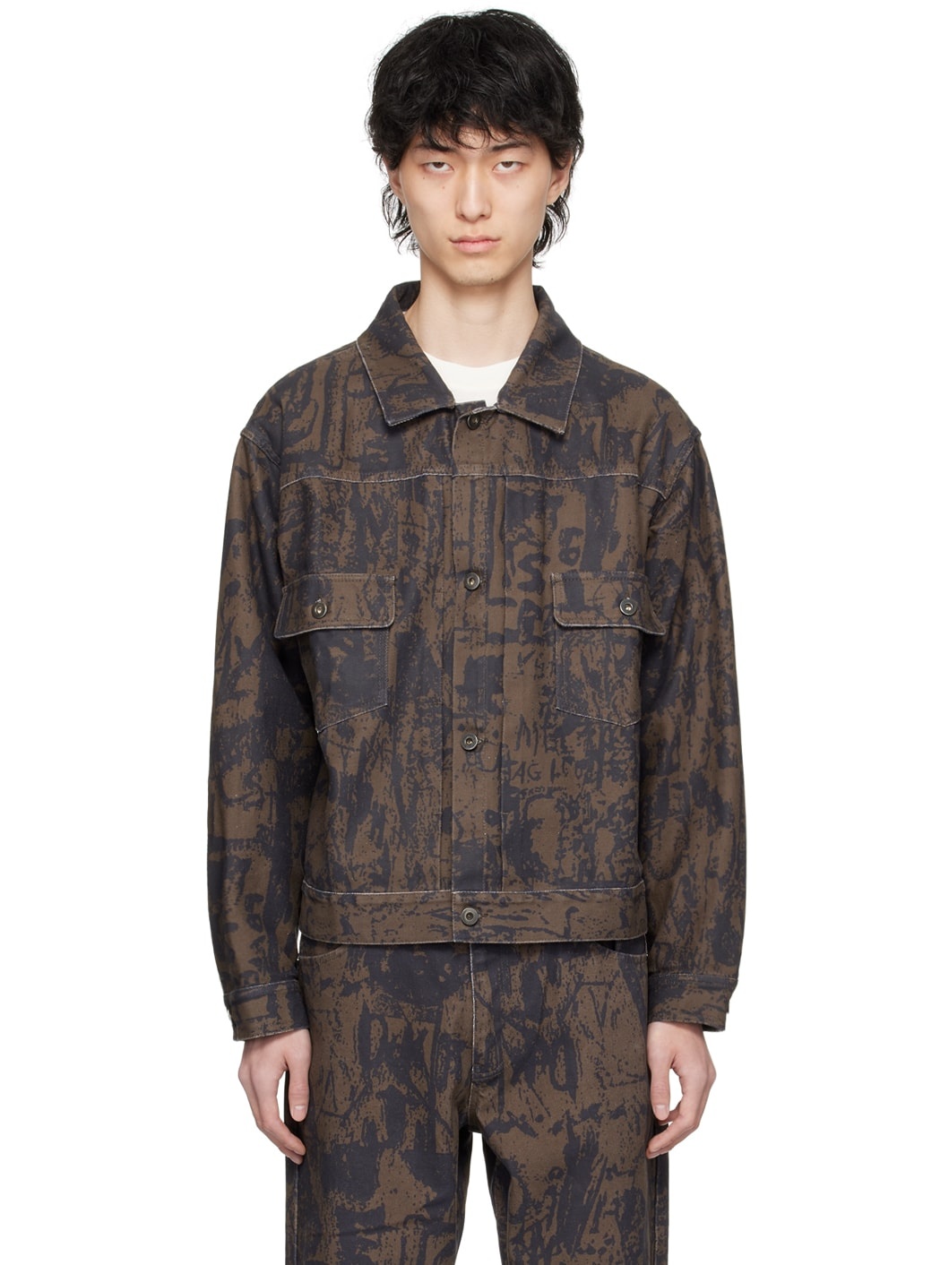 Brown Printed Denim Jacket - 1