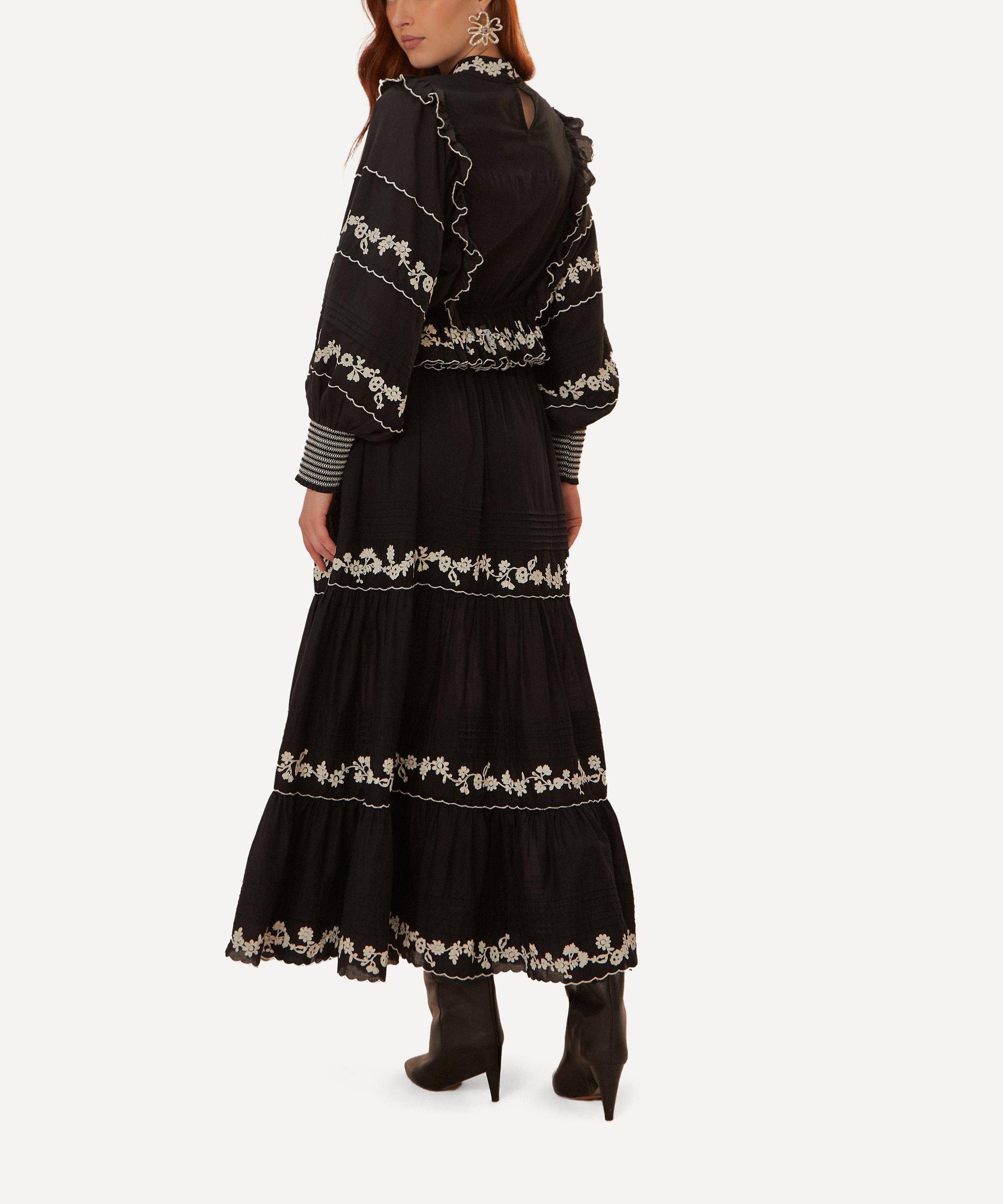 Black Embroidered Ruffle Maxi Skirt - 3