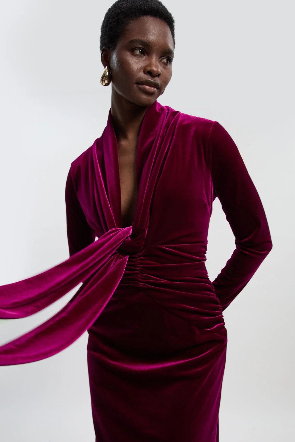 Velvet Long Sleeve Wrap V Neck Maxi Dress - 1
