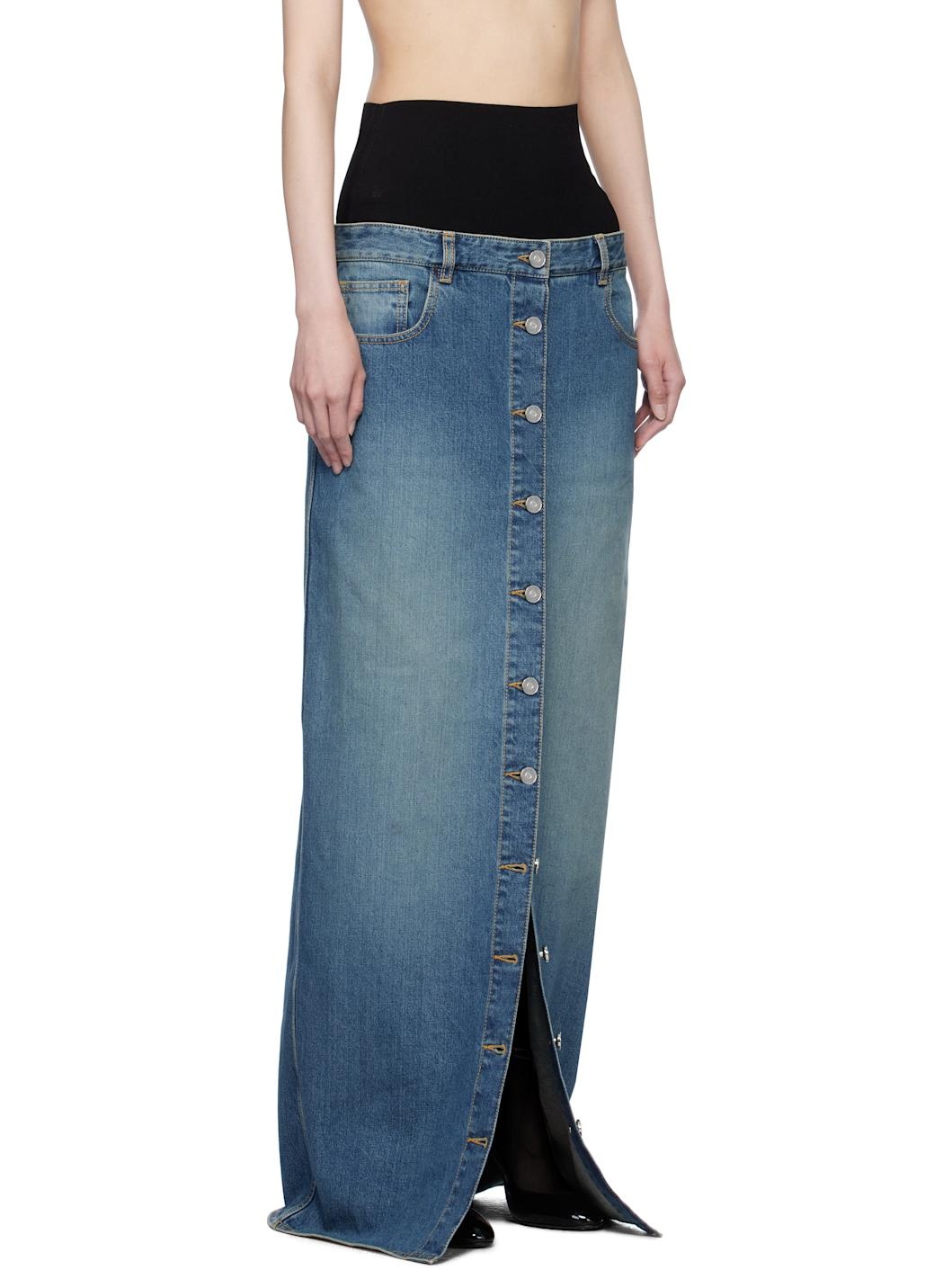 Blue Knitted Waistband Denim Maxi Skirt - 2