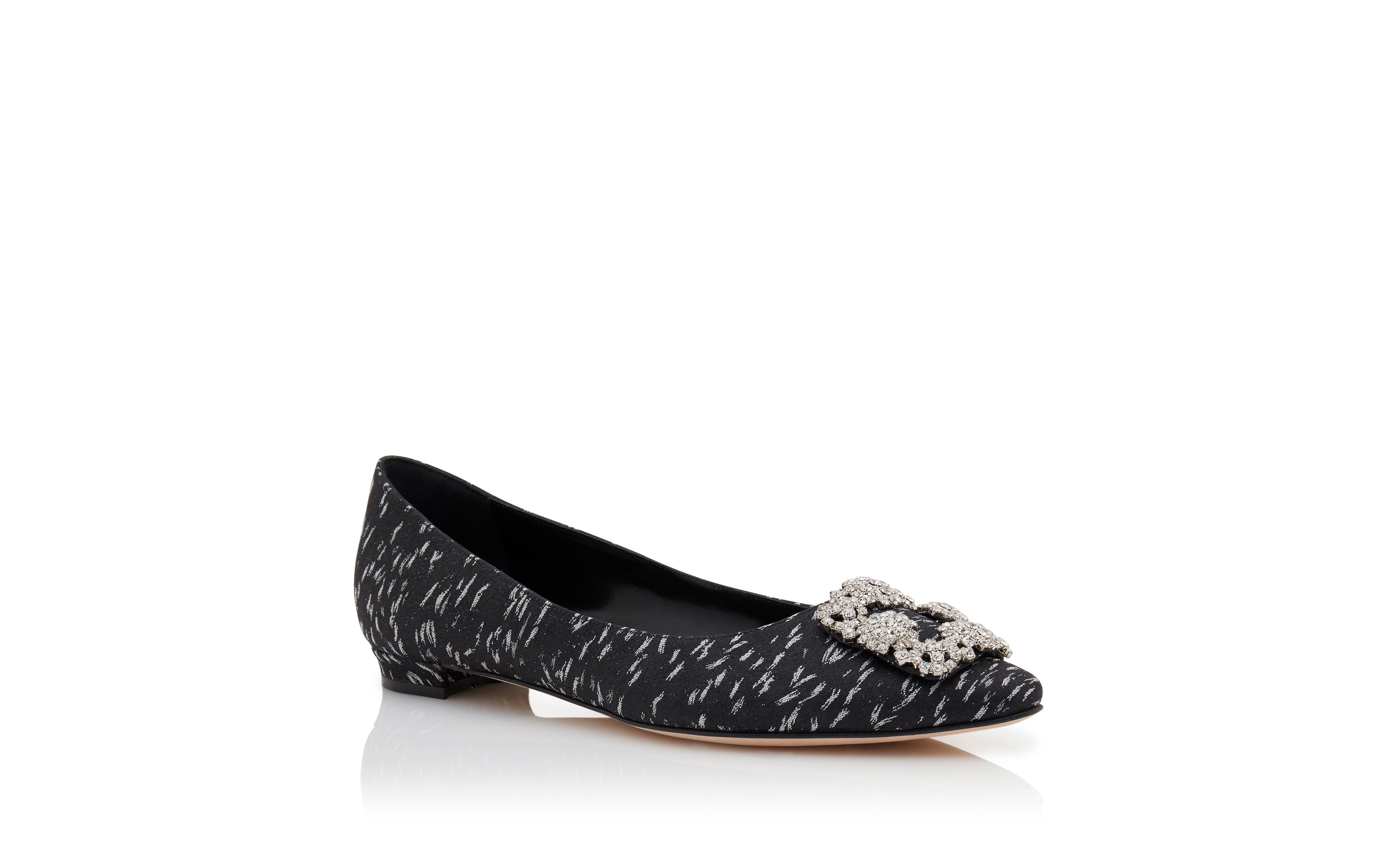 Black Jacquard Jewel Buckle Flat Shoes - 3