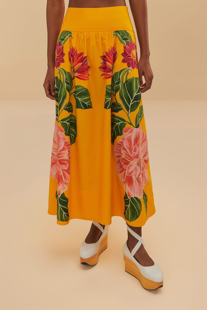 FARM RIO Yellow Spring Awakening Organic Cotton Midi Skirt outlook