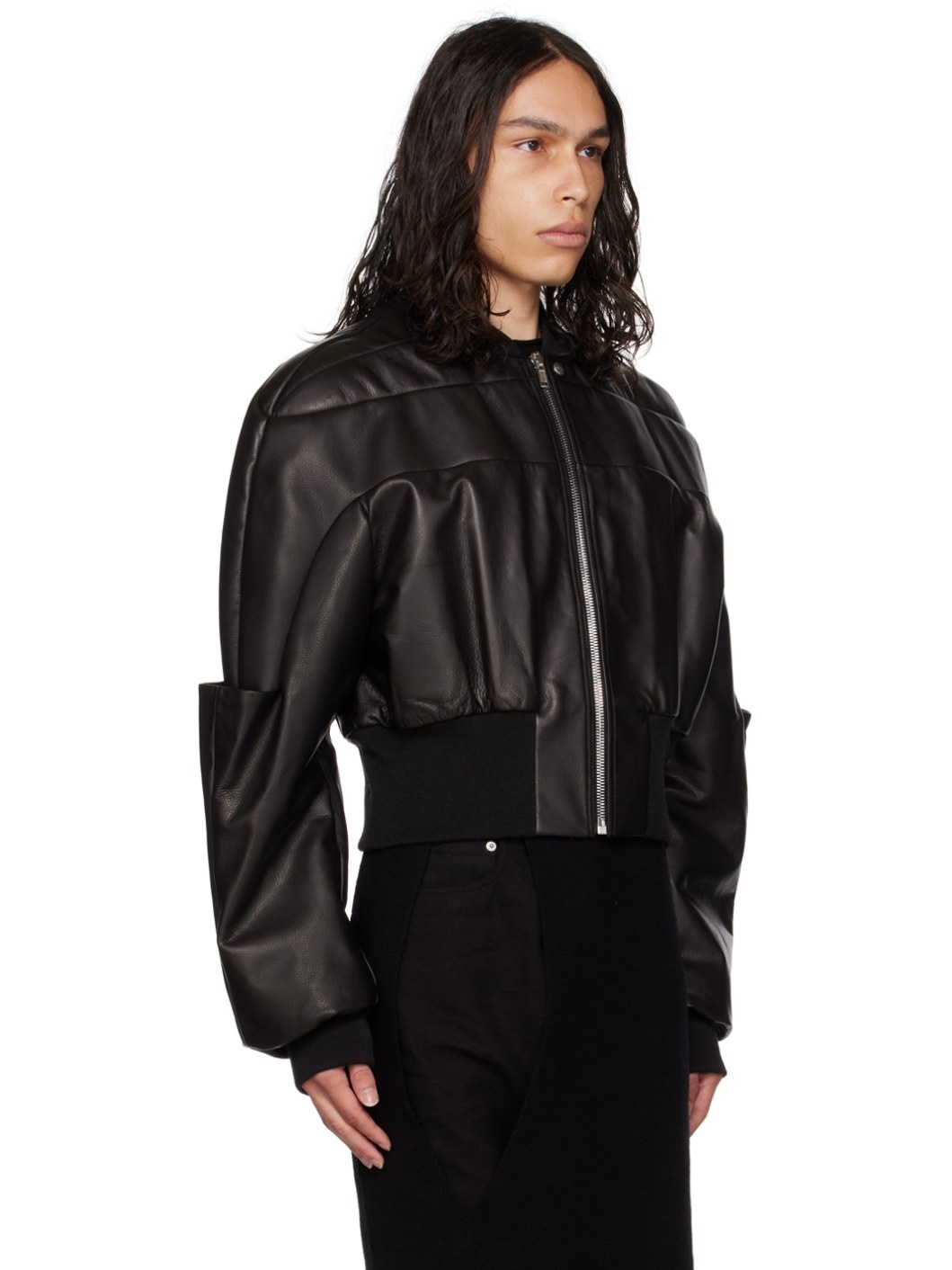 Black Girdered Leather Bomber Jacket - 2