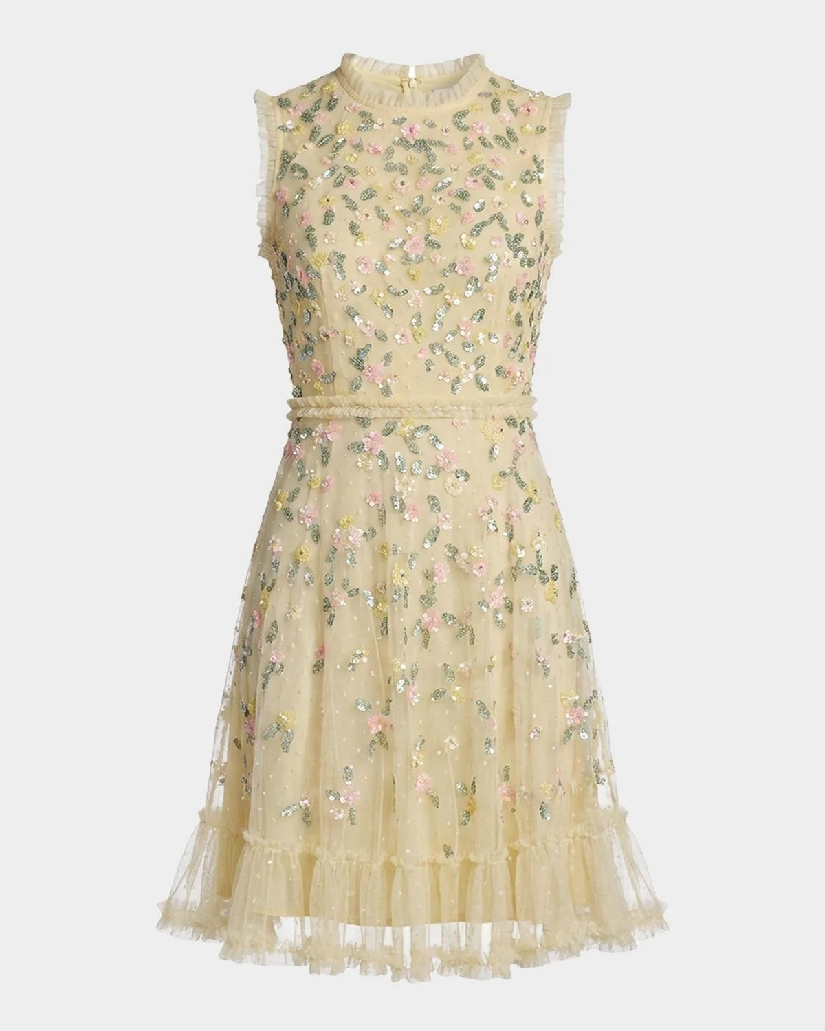 Ruffle-Trim Floral Sequin Mesh Dress - 1