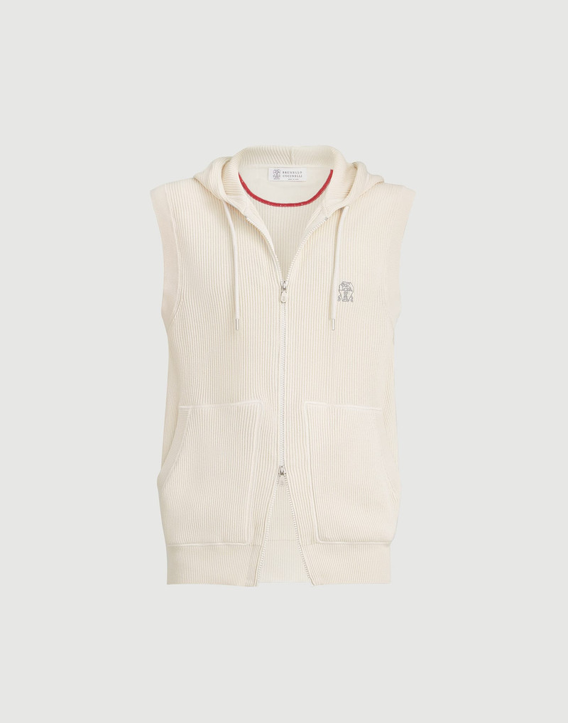 Cotton English rib knit hooded vest with logo and zipper 1