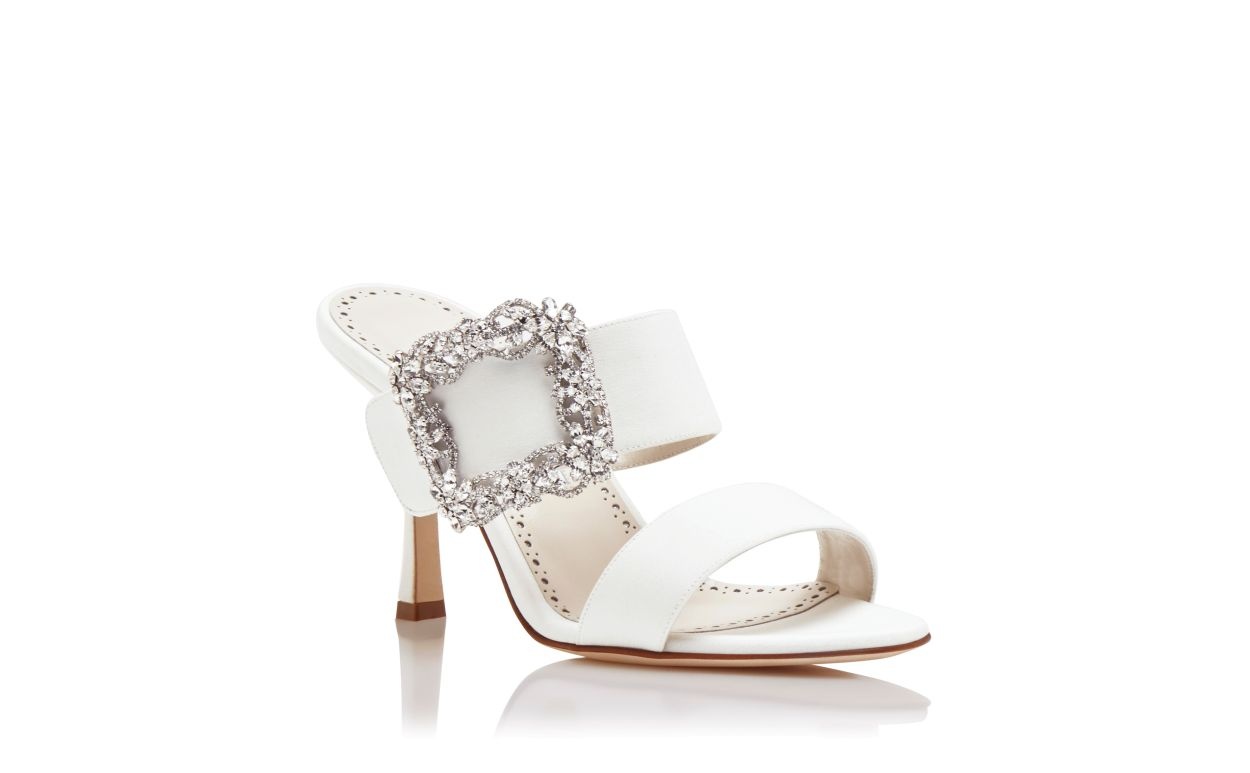 White Crepe de Chine Jewel Buckle Mules - 3