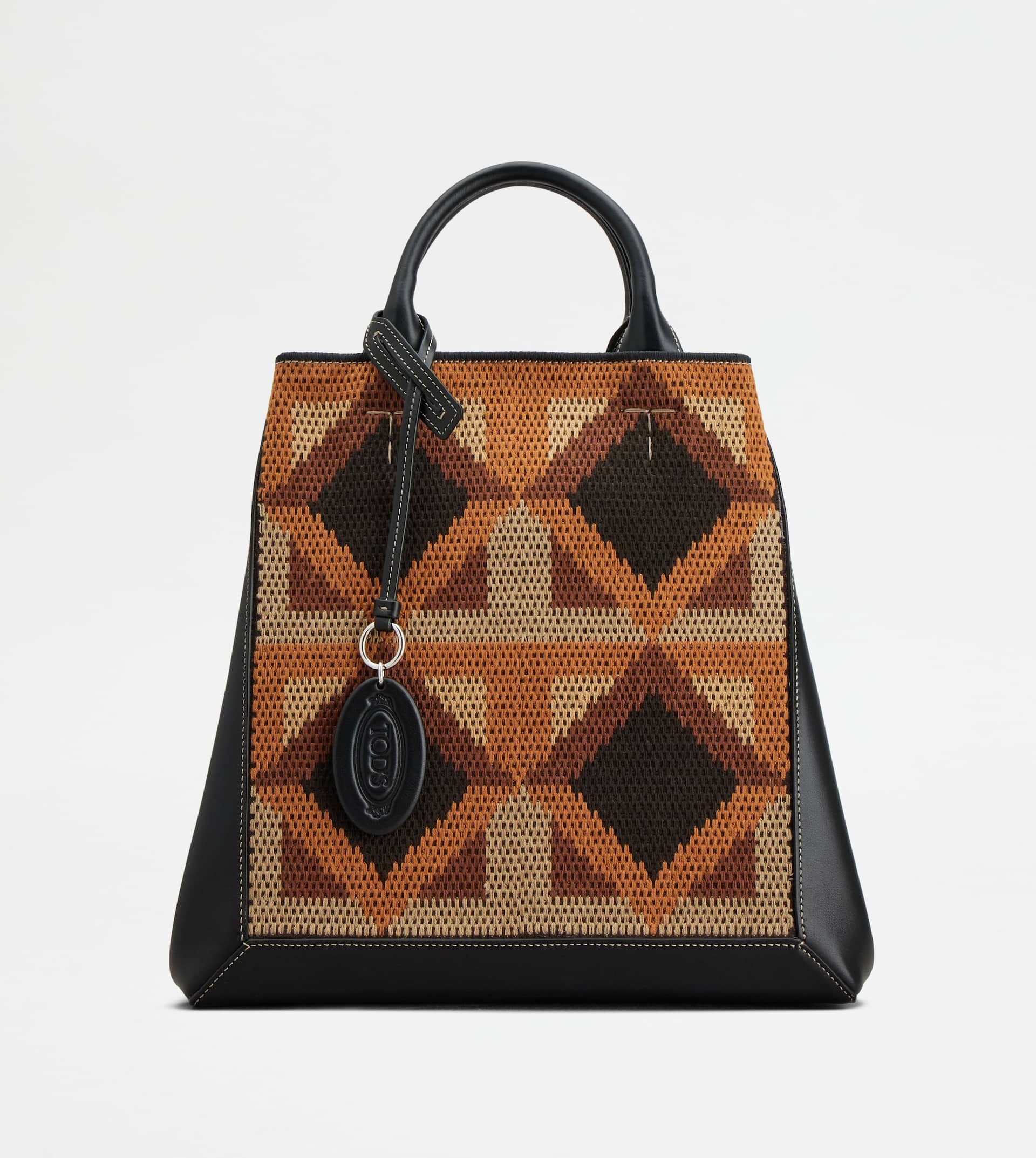 TOD'S DOUBLE UP SHOPPING BAG IN LEATHER AND FABRIC MEDIUM - BLACK, BEIGE, ORANGE - 9