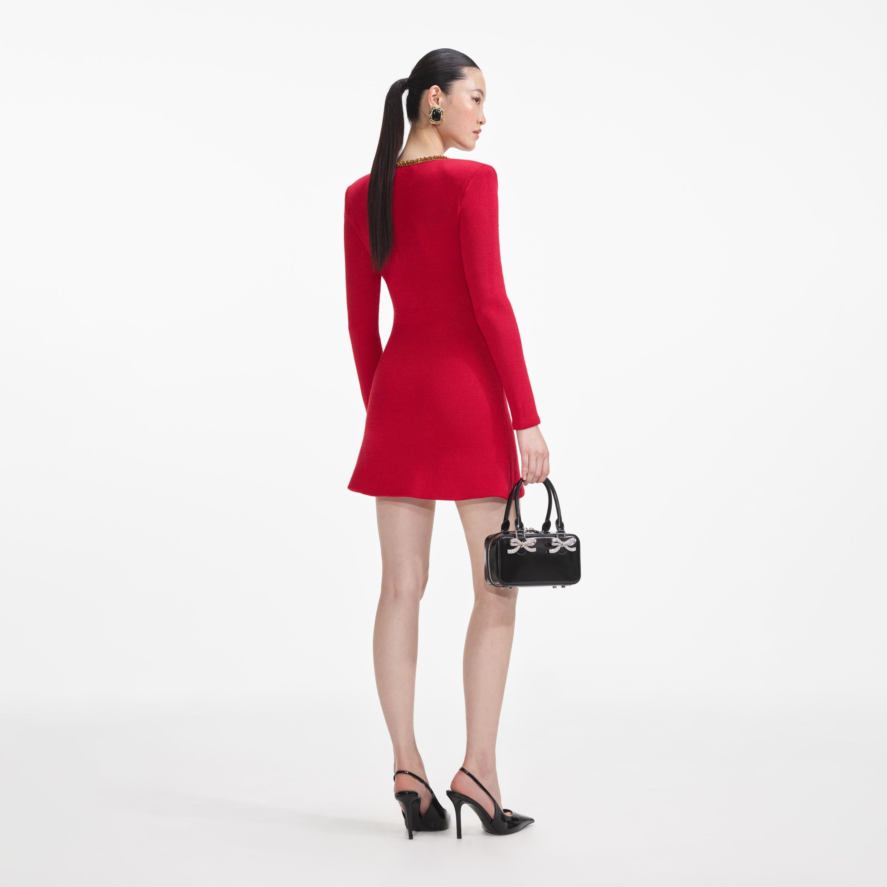 Red Textured Knit Corsage Mini Dress - 3