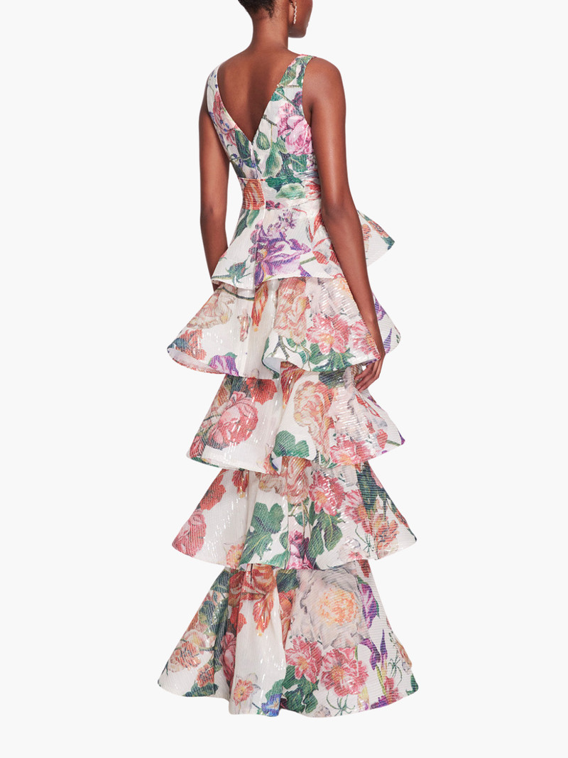 Marchesa PLUNGING V-NECK FLORAL PRINTED GOWN outlook