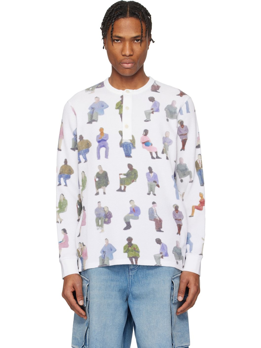 White Printed Waffle Henley - 1