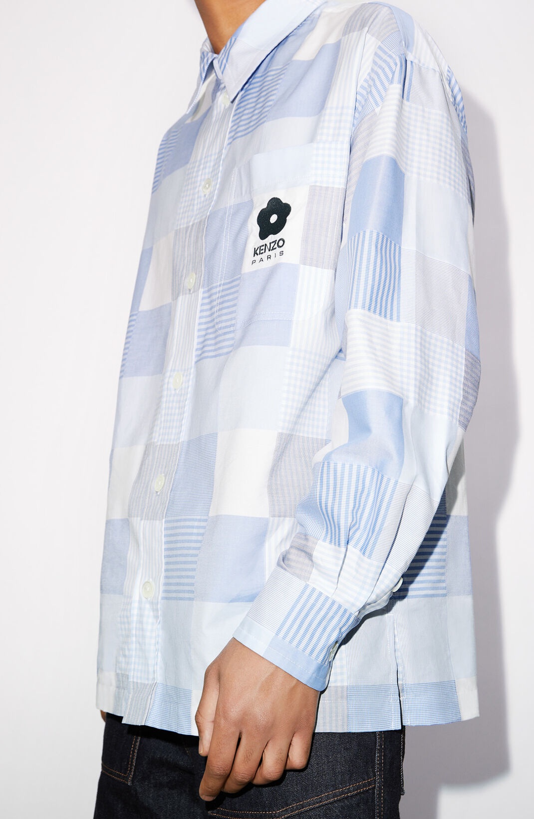KENZO | PATCHWORK OVERSIZED SHIRT LIGHT BLUE シャツ Kenzo Men's Logo-embroidered Patchwork Oversized Sport Shirt