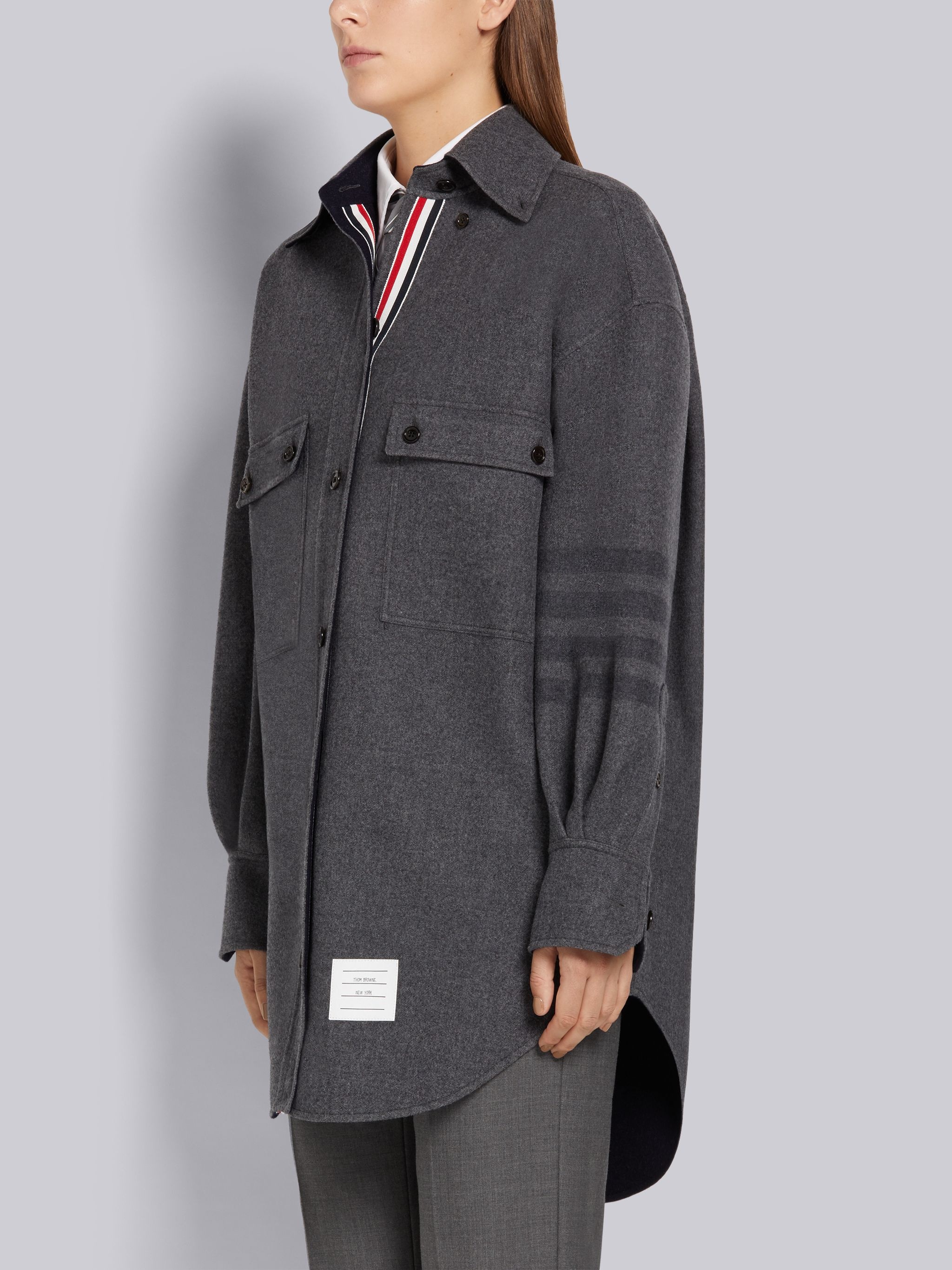 Medium Grey Double Face Melton Wool Engineered 4-Bar Long-sleeved Supersized Shirtdress - 2