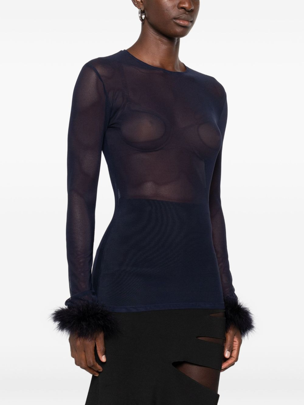 mesh feather-cuff top - 3