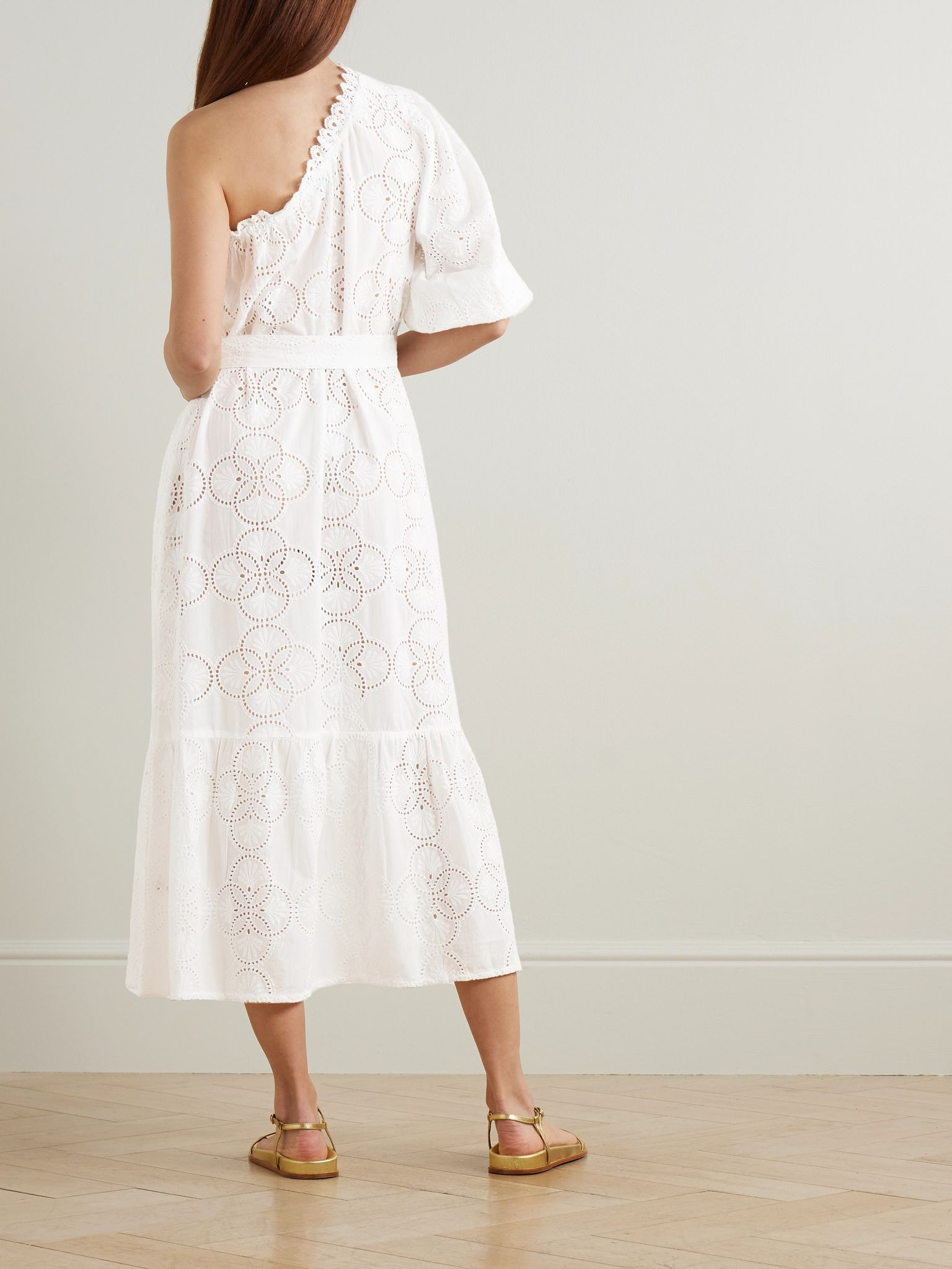 Autumn one-shoulder broderie anglaise cotton midi dress White - 3
