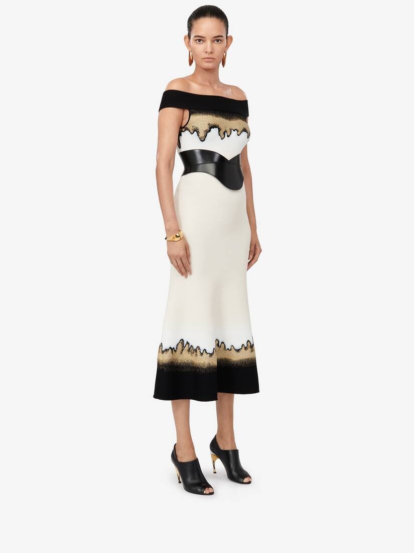 Women's Off-the-shoulder Jacquard Dress in Ivory/black/gold - 3