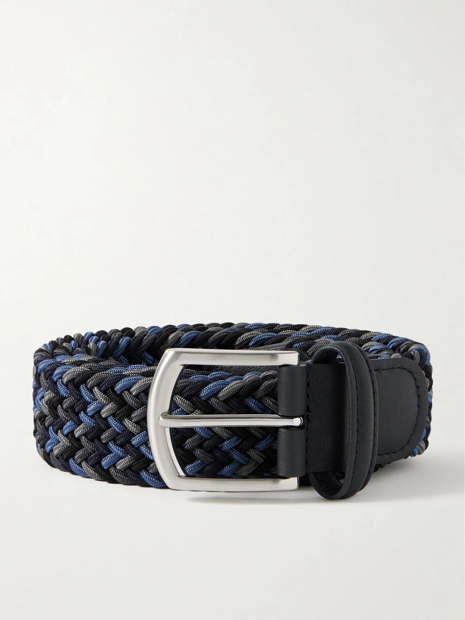 3.5cm Leather-Trimmed Woven Elastic Belt Blue - 1