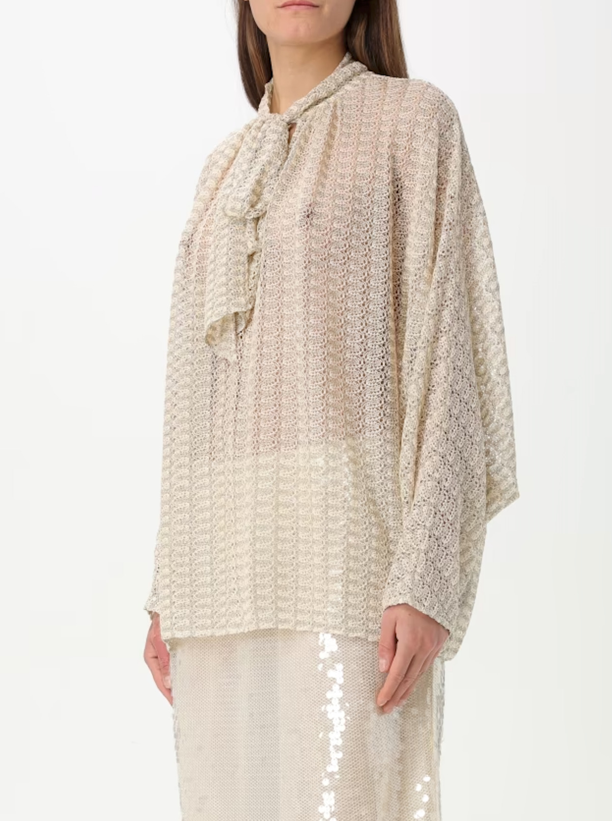 Lamé Viscose Lace Blouse With Sash Collar - 3